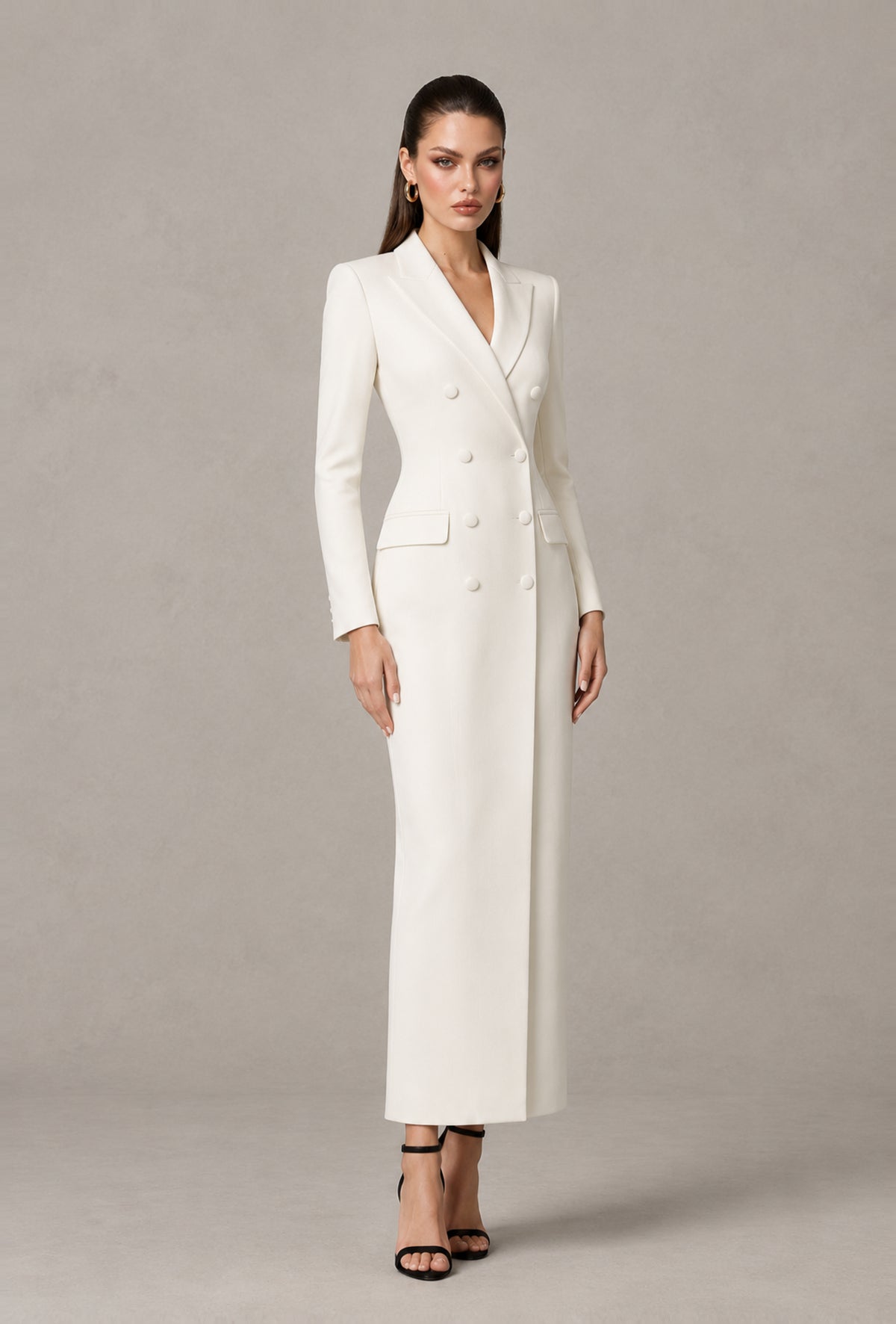 BOLODOO white tailored blazer maxi dress with lapel neckline, three-quarter front view