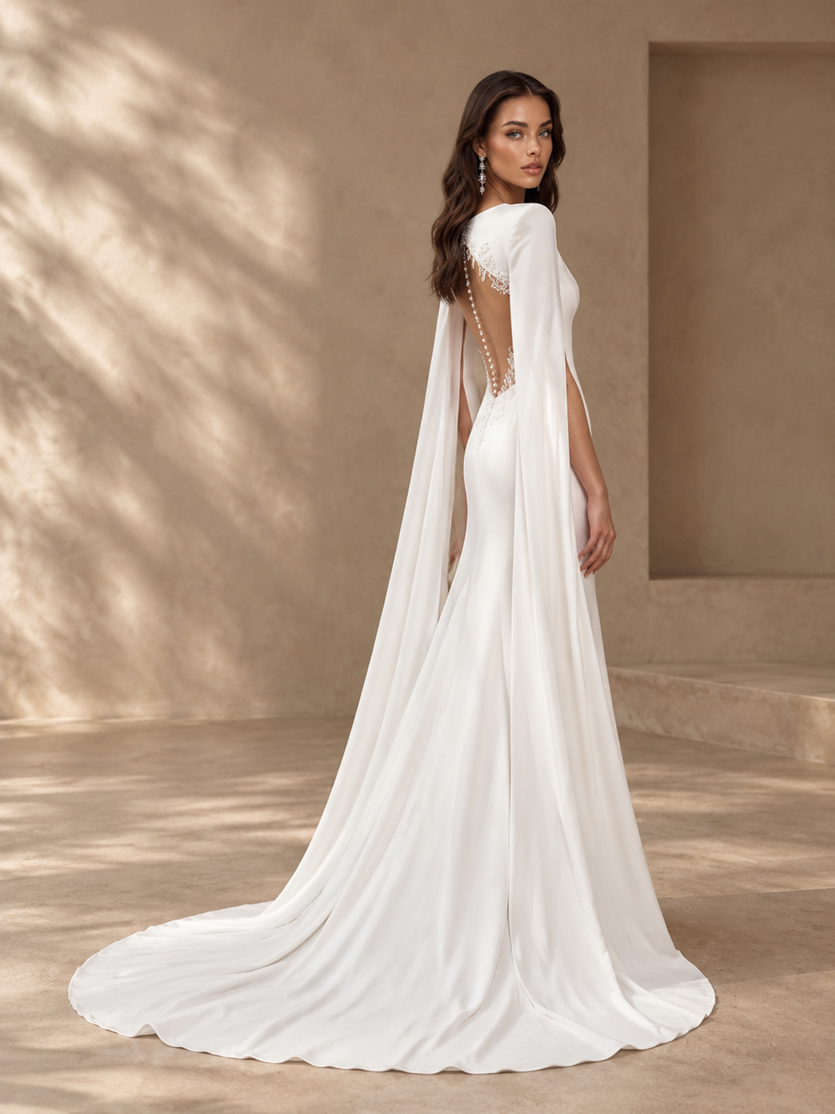 BOLODOO White Cape Sleeve Wedding Dress with Lace-Trim Open Back 
