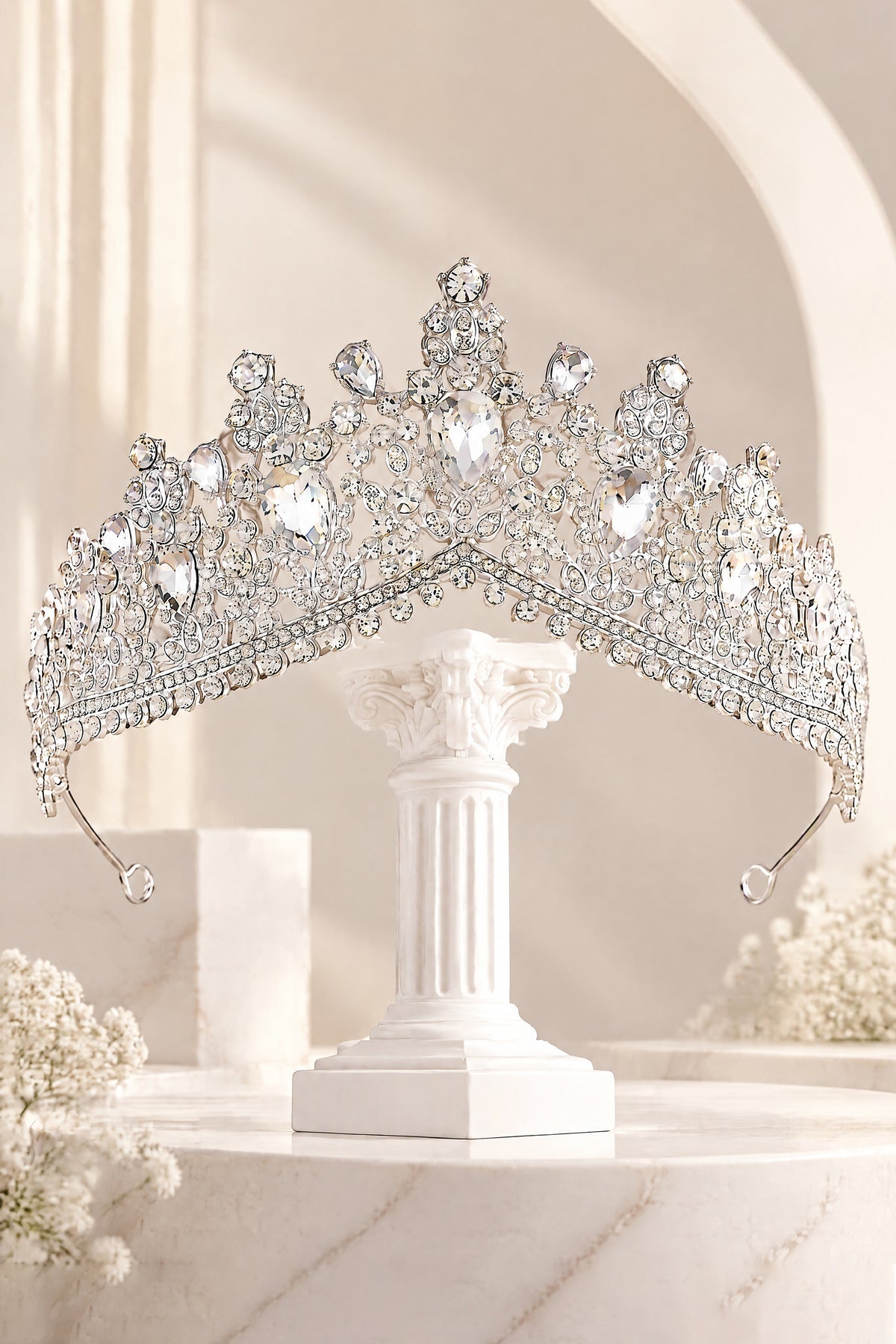 BOLODOO silver-tone tiara crown showing symmetrical peaks and clear teardrop accents