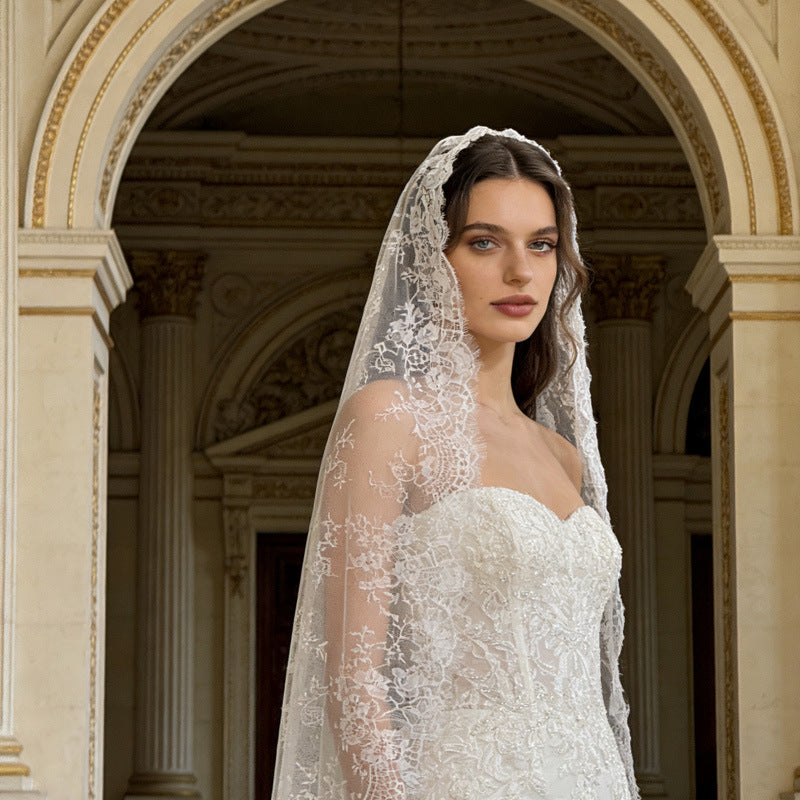 BOLODOO White Floral Lace Mantilla Bridal Veil 