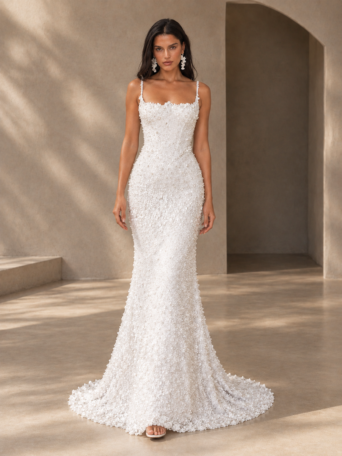 BOLODOO White Floral Applique Mermaid Wedding Dress with Lace-Up Back 