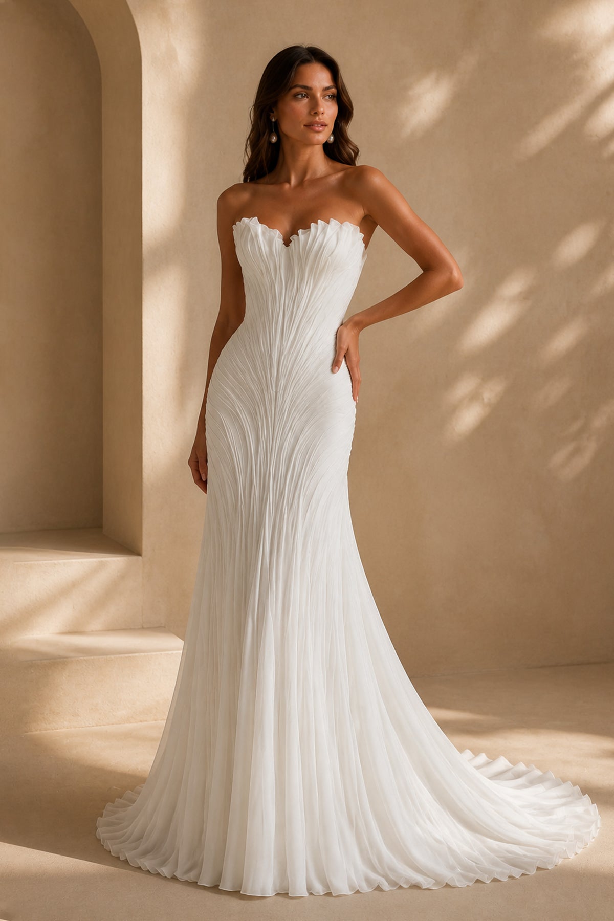 BOLODOO white open back mermaid wedding dress - rear view showcasing low open back with scalloped corset detail and chapel train