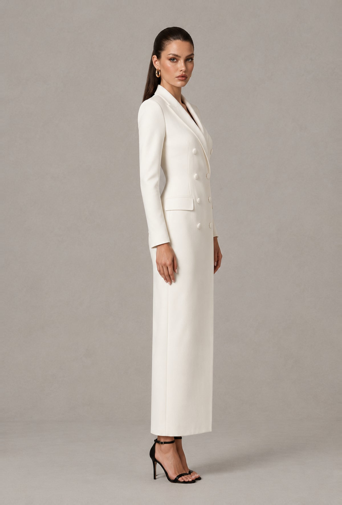 BOLODOO QQ095 ankle-length white long sleeve blazer dress, side view