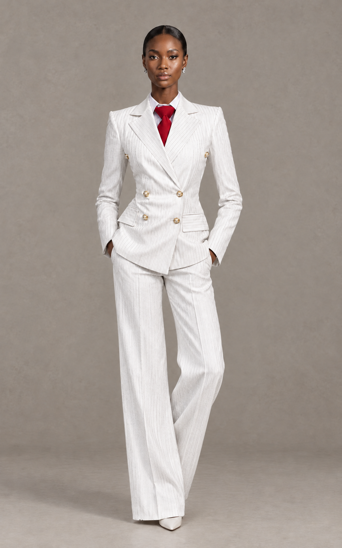 BOLODOO QQ068 long-sleeve white blazer and full-length wide-leg trousers walking pose
