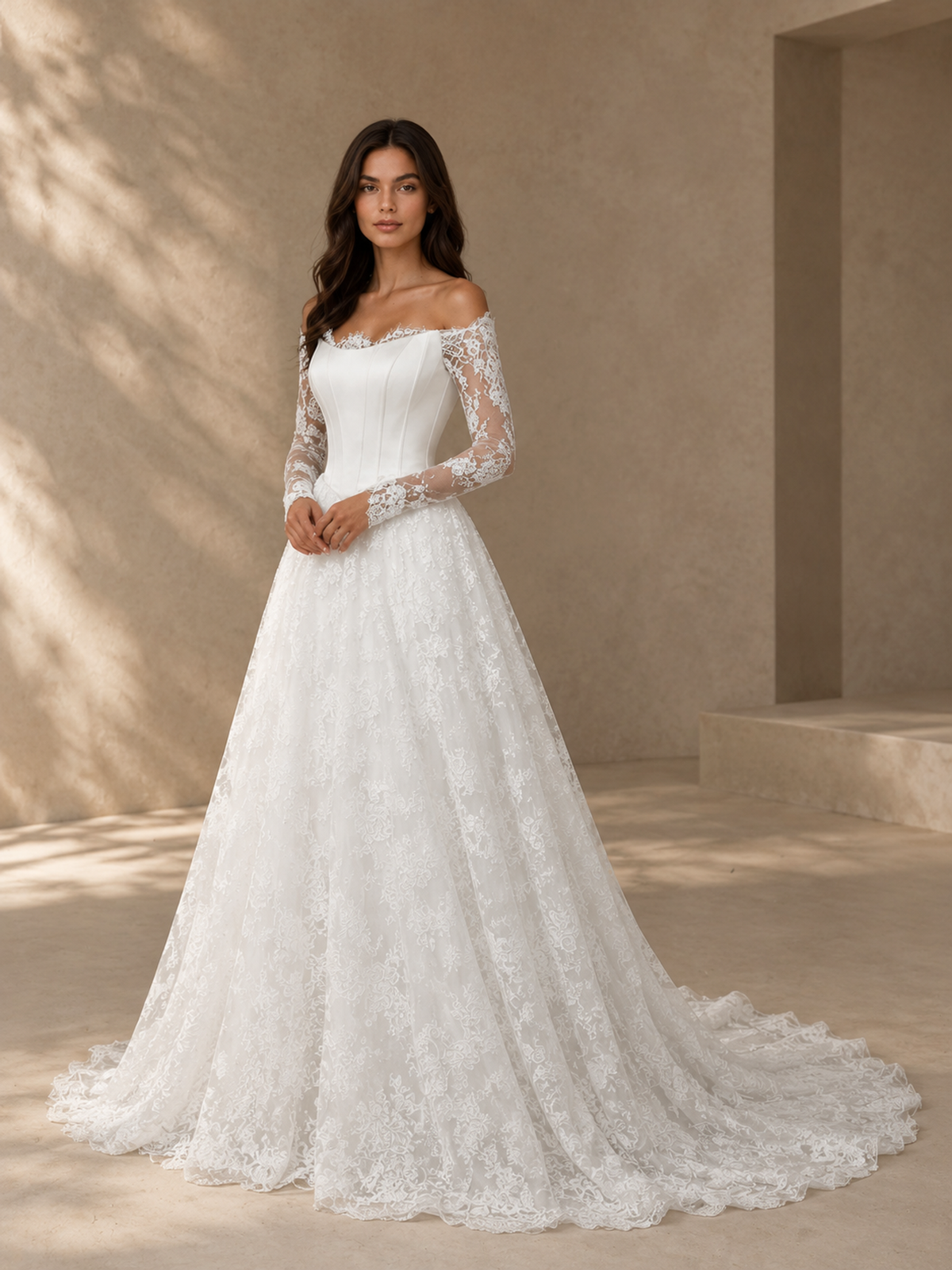 BOLODOO White Off-the-Shoulder Long Sleeve Lace A-Line Wedding Dress 