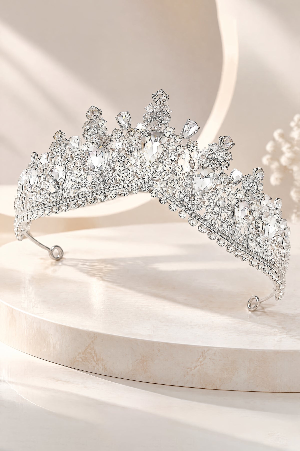 BOLODOO QQ066 clear-stone silver-tone crown on a flat display showing end loops