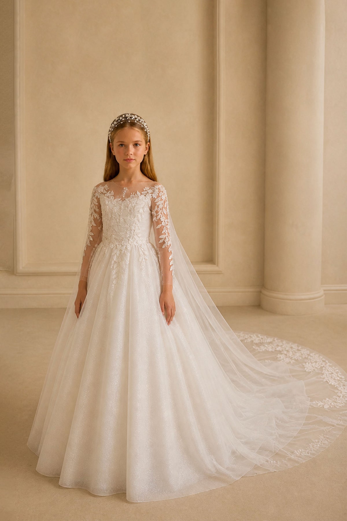 BOLODOO Girls White Illusion Long Sleeve Lace Ball Gown Full Length Front View – Lace Sleeve Detail and Ball Gown Skirt
