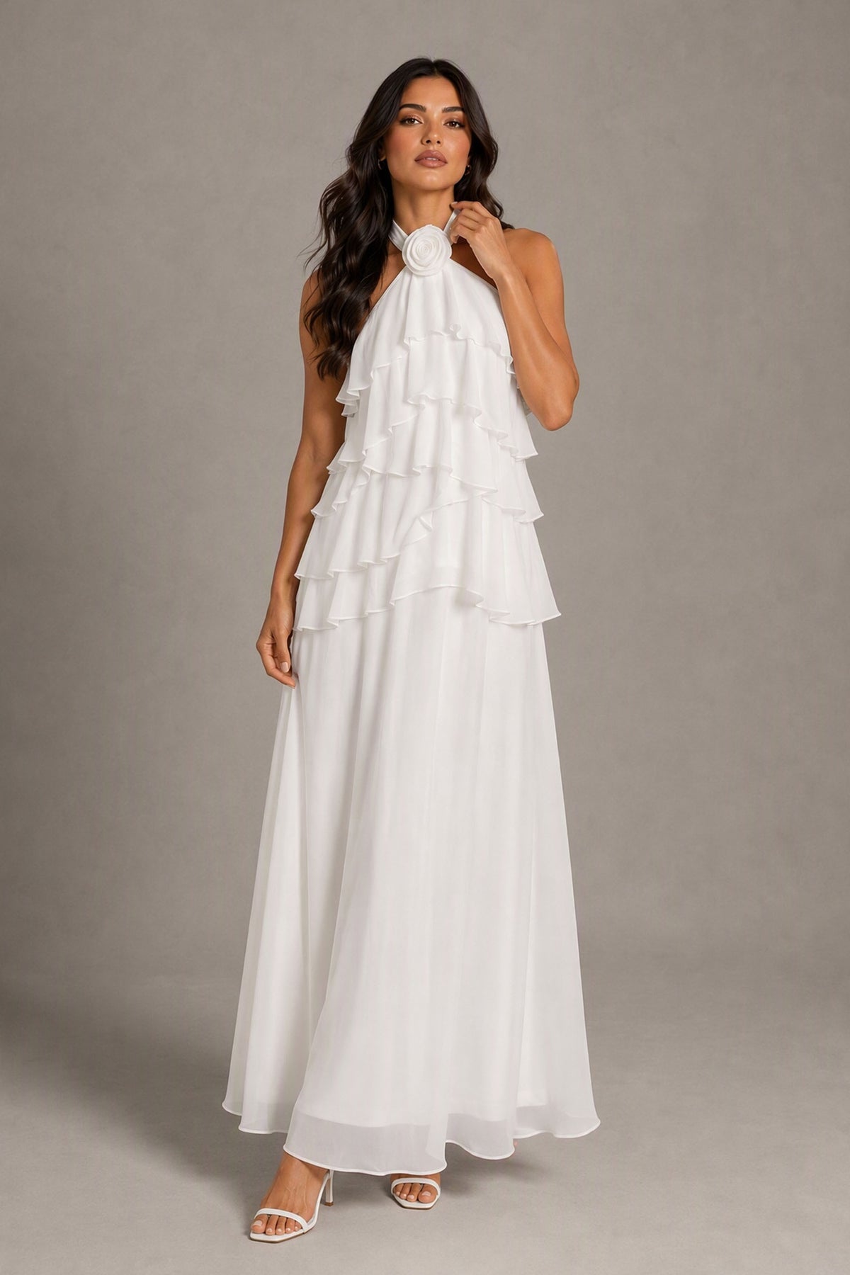 BOLODOO white bridal maxi dress showing layered ruffles and flowing full-length skirt