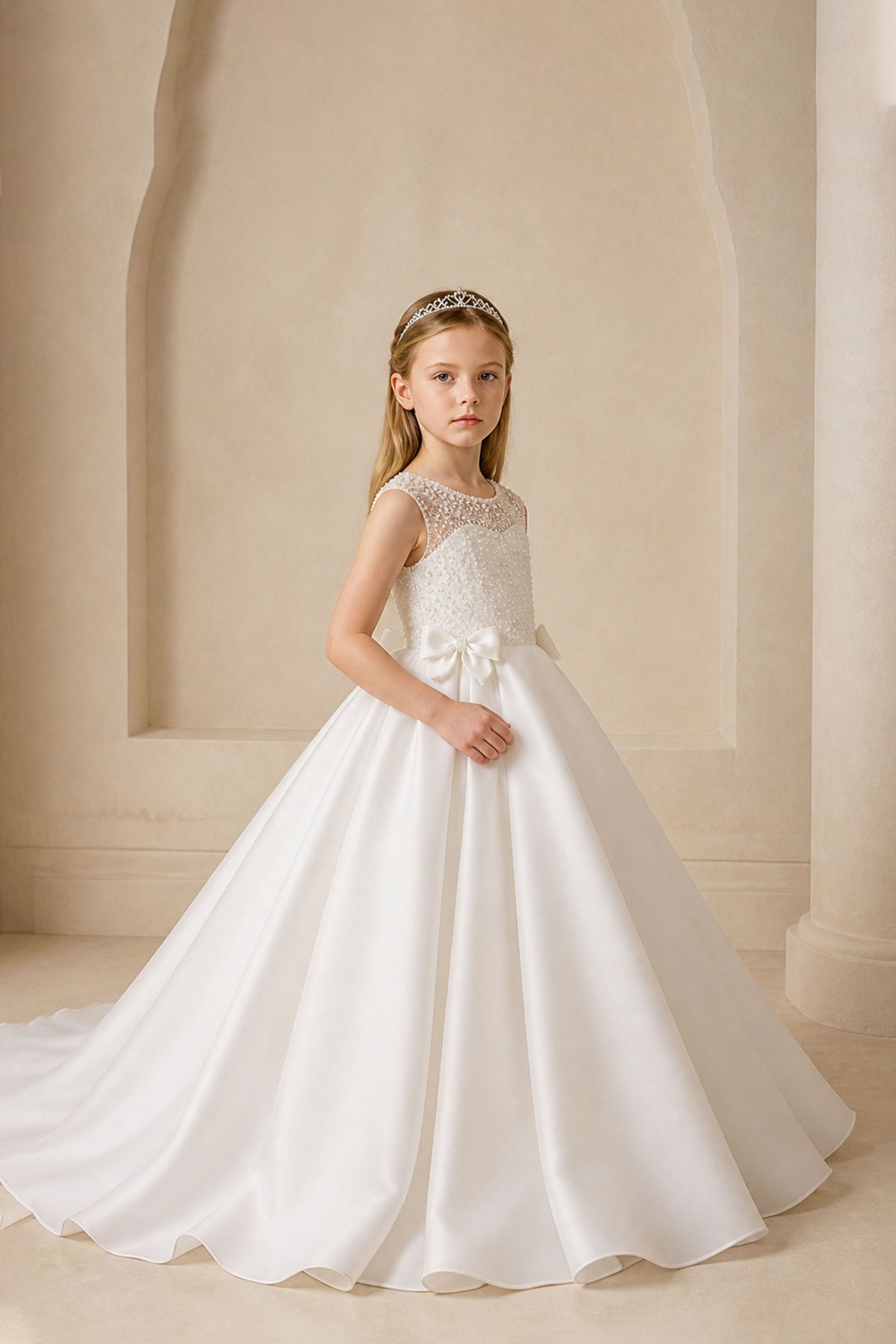 BOLODOO Girls White Satin Ball Gown Three-Quarter View – Pearl Lace Bodice and Satin Skirt Detail