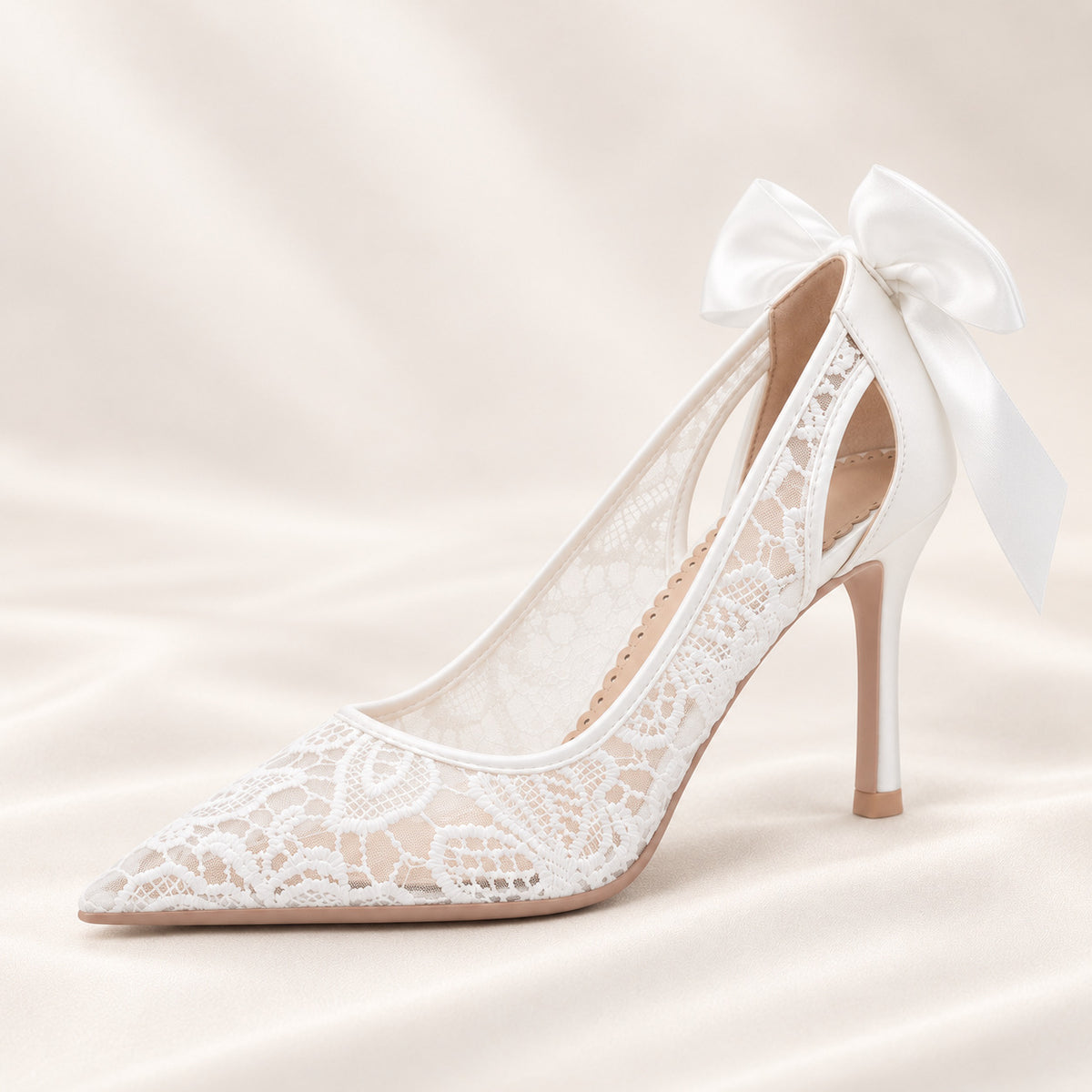BOLODOO White Lace Bridal Heels with Bow and Pointed Toe 