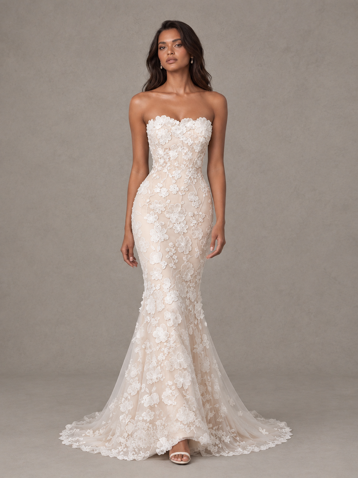BOLODOO White Strapless 3D Floral Lace Mermaid Prom Dress with Train 