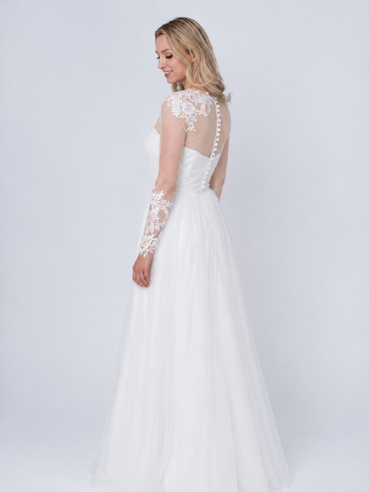 BOLODOO White Floral Lace Long Sleeve Bridal Top with Button Back 