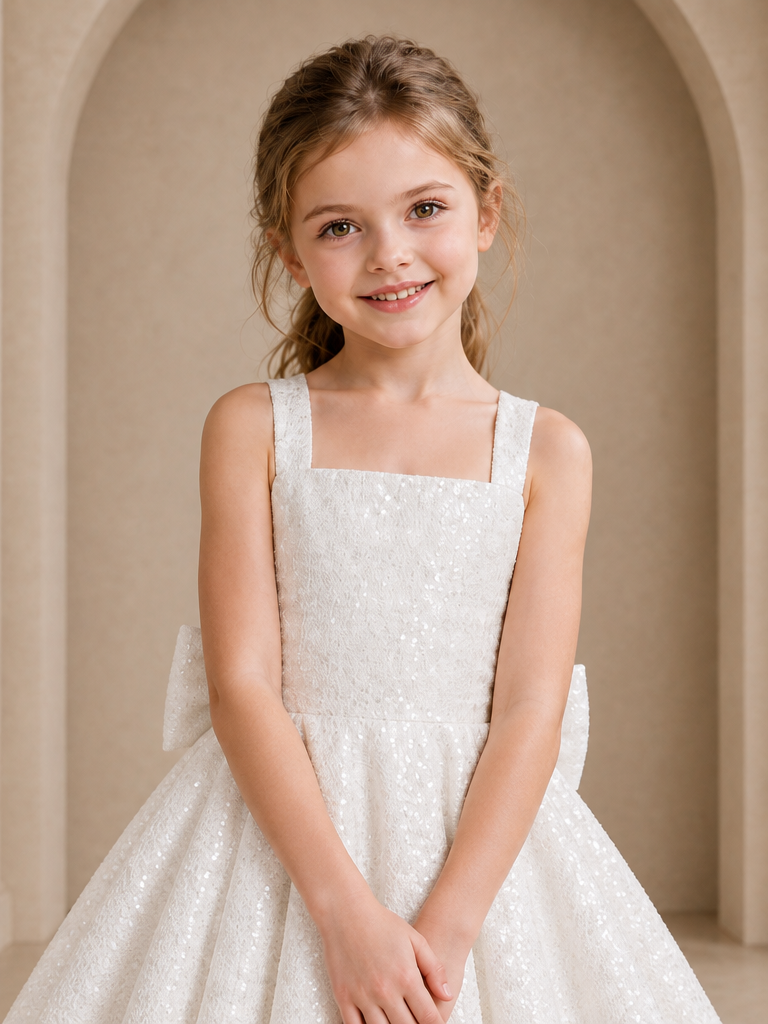 Close-up of BOLODOO white flower girl dress with sparkle-textured bodice and skirt