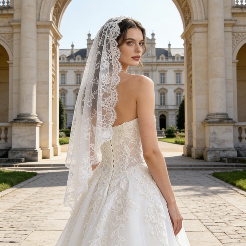 BOLODOO White Floral Lace Mantilla Bridal Veil 