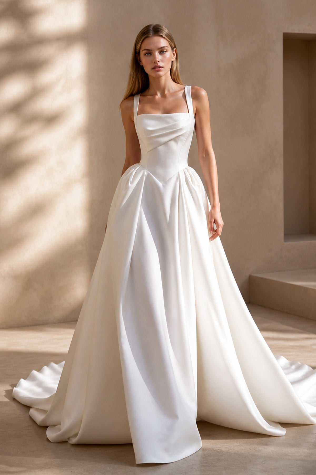 BOLODOO white satin bridal gown - side angle view highlighting voluminous skirt silhouette and waist definition