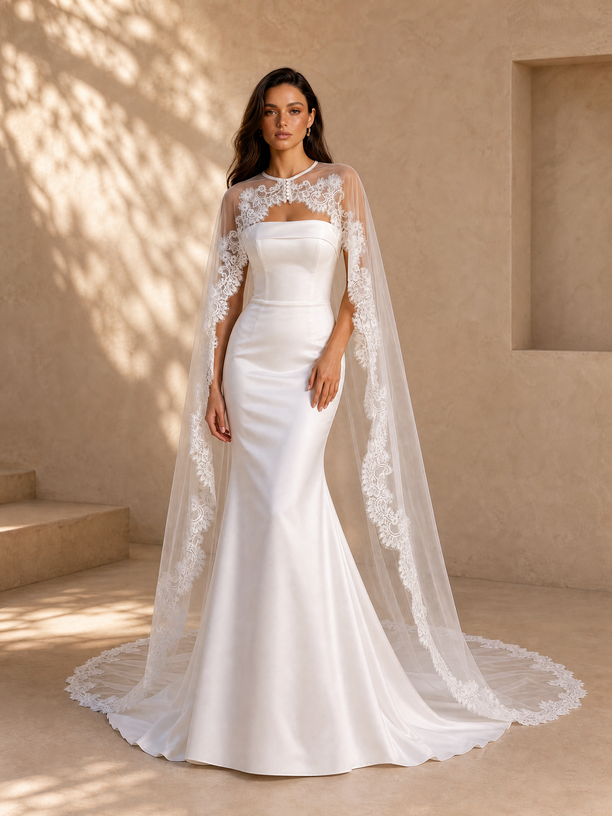 BOLODOO Floral Lace Trim Sheer Bridal Cape Cathedral Length Wedding Cloak 