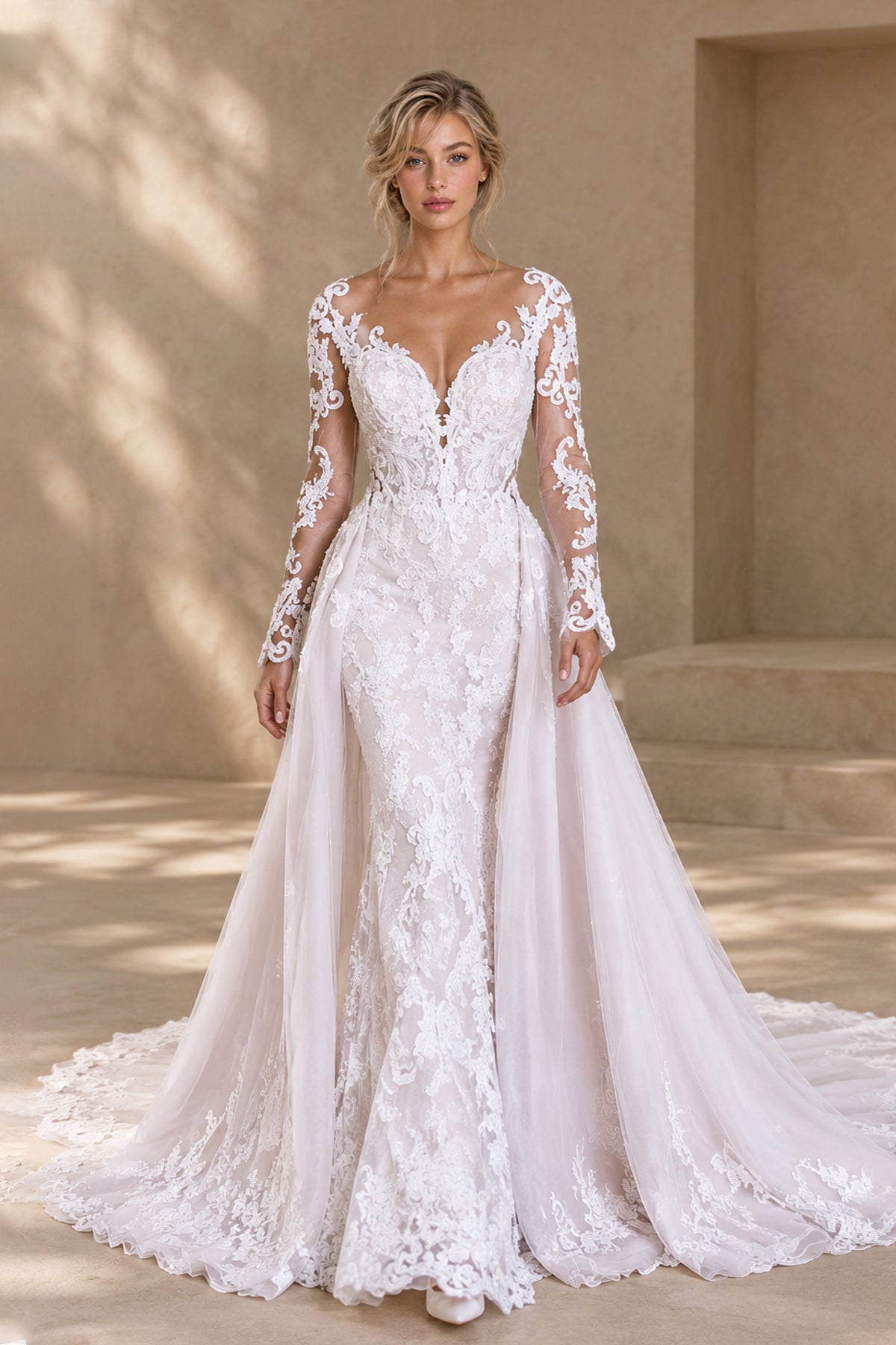 BOLODOO XX052 white long sleeve lace mermaid wedding dress with overskirt, full front view