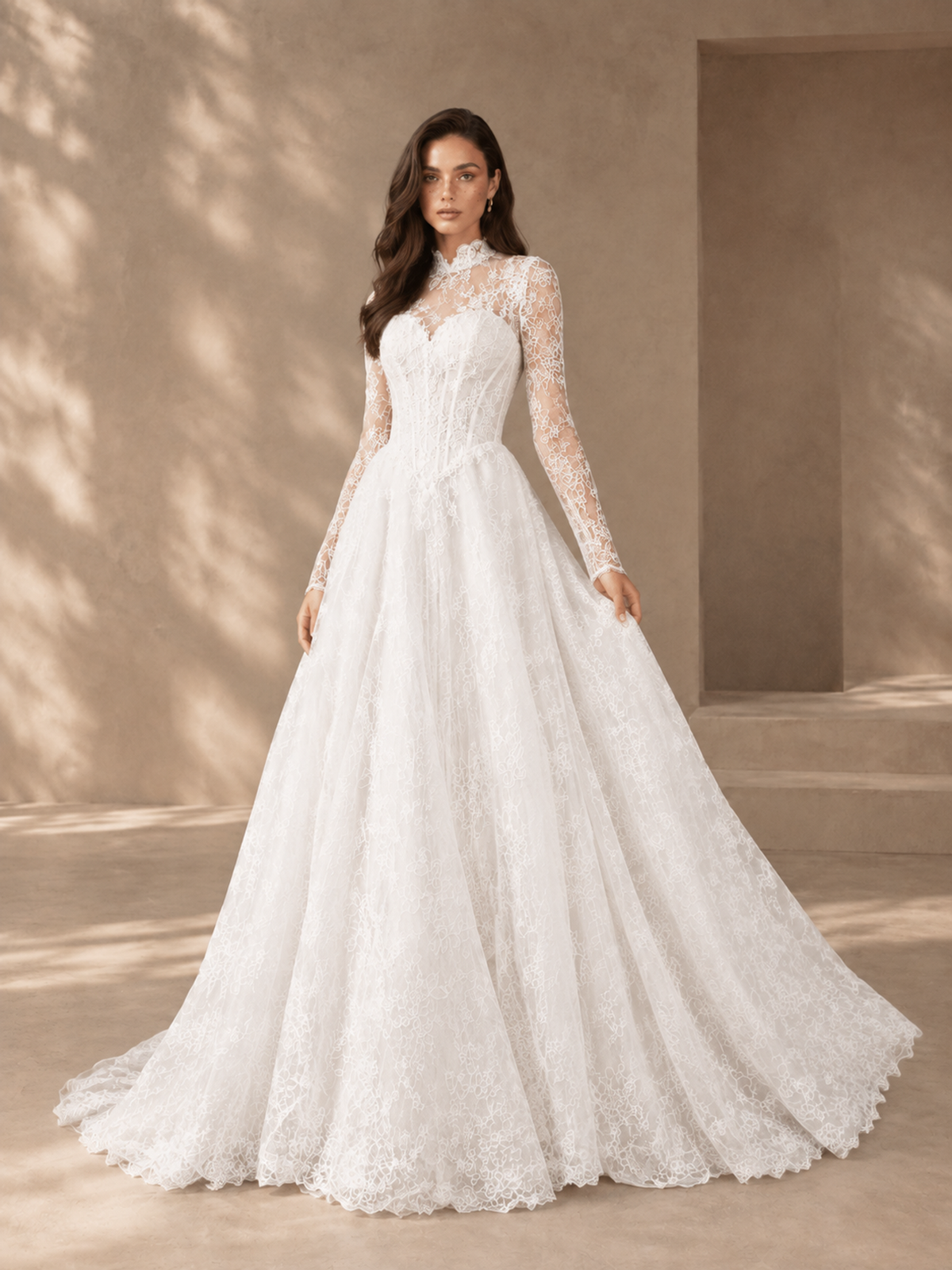 BOLODOO White High Neck Long Sleeve Lace A-Line Wedding Dress with Open Back 