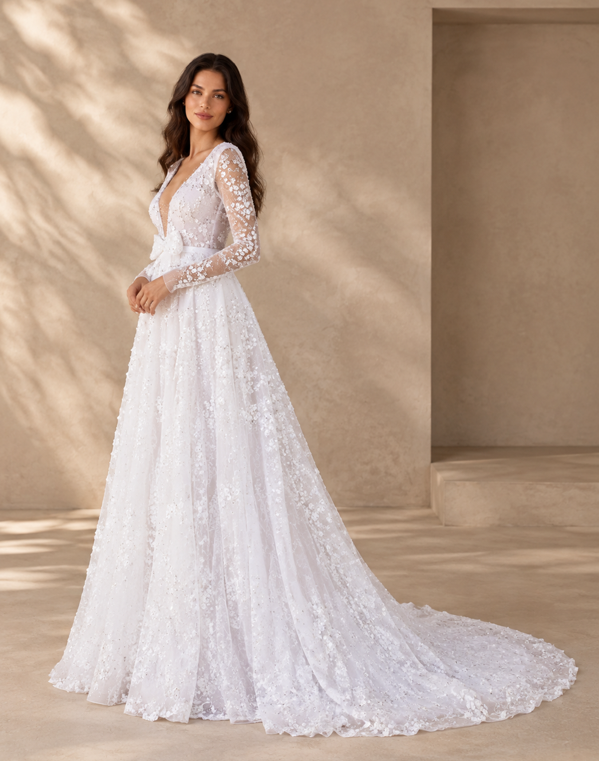 BOLODOO White Floral Lace Long Sleeve A-Line Wedding Dress with V-Back and Train 