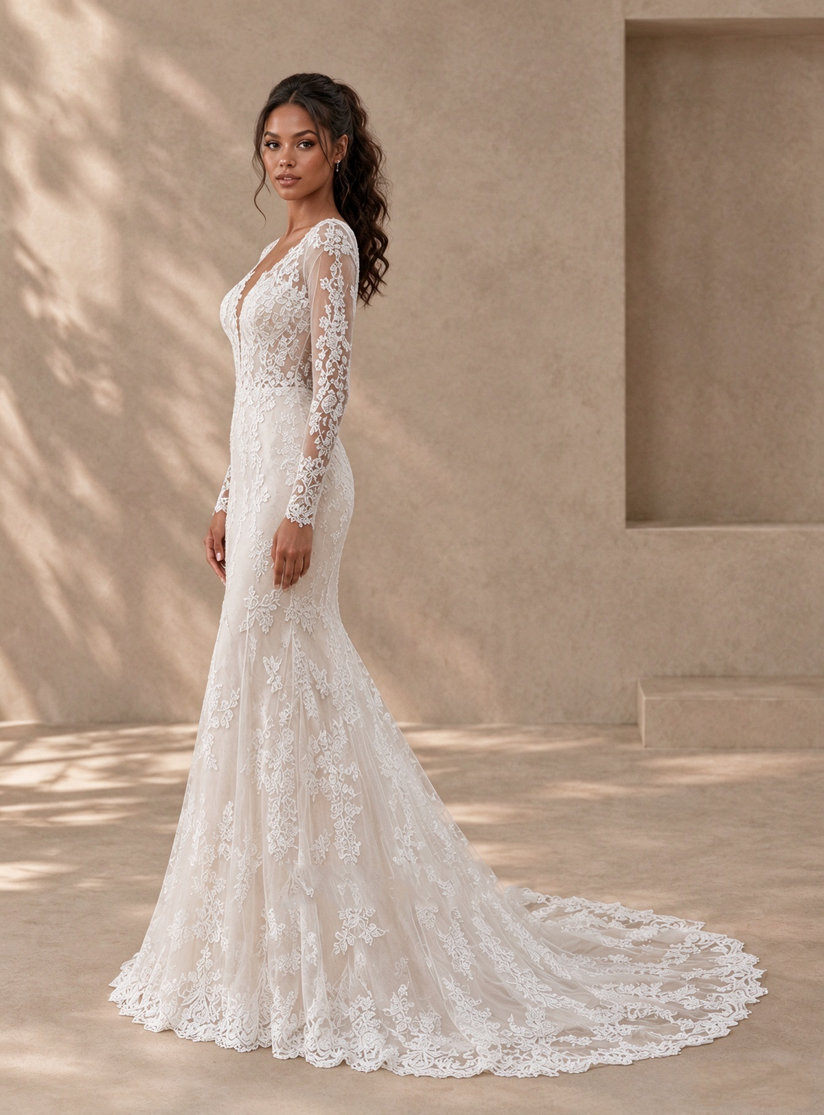 BOLODOO White Long Sleeve Lace Mermaid Wedding Dress with Open Back 