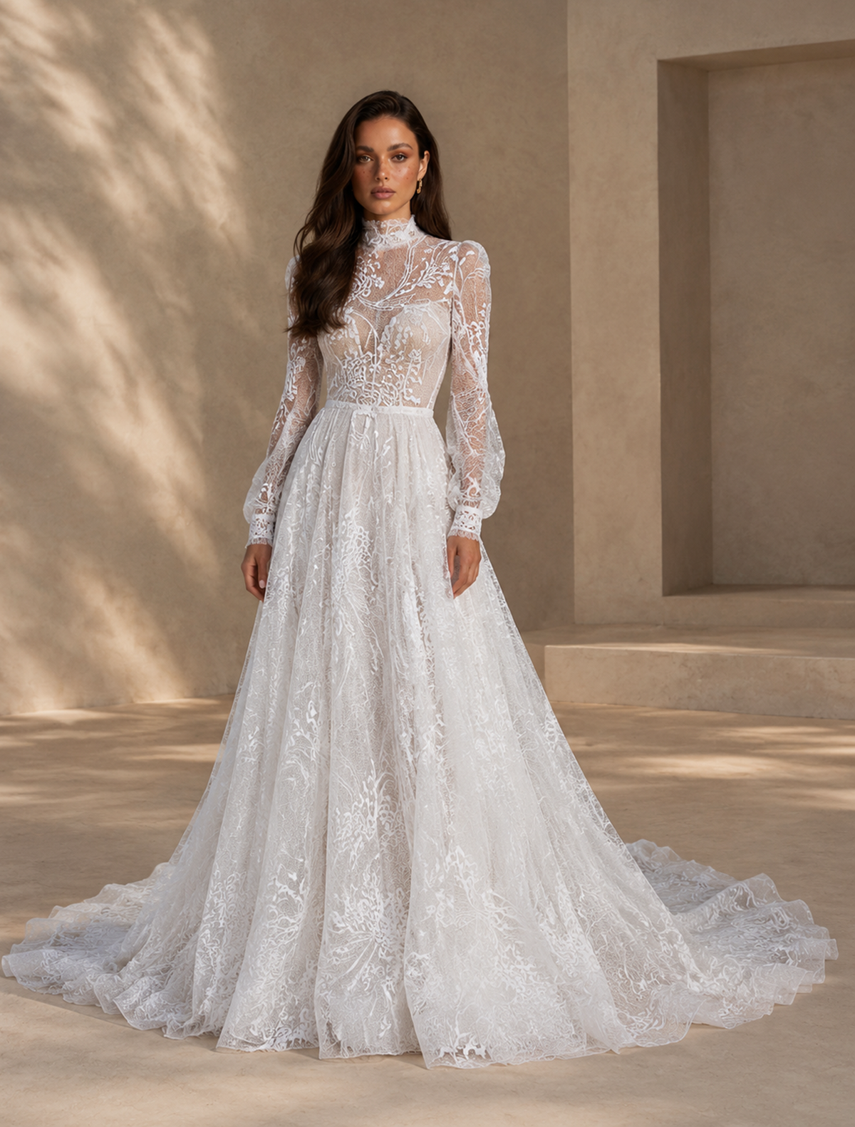 BOLODOO White High Neck Long Sleeve Lace A-Line Wedding Dress with Train 