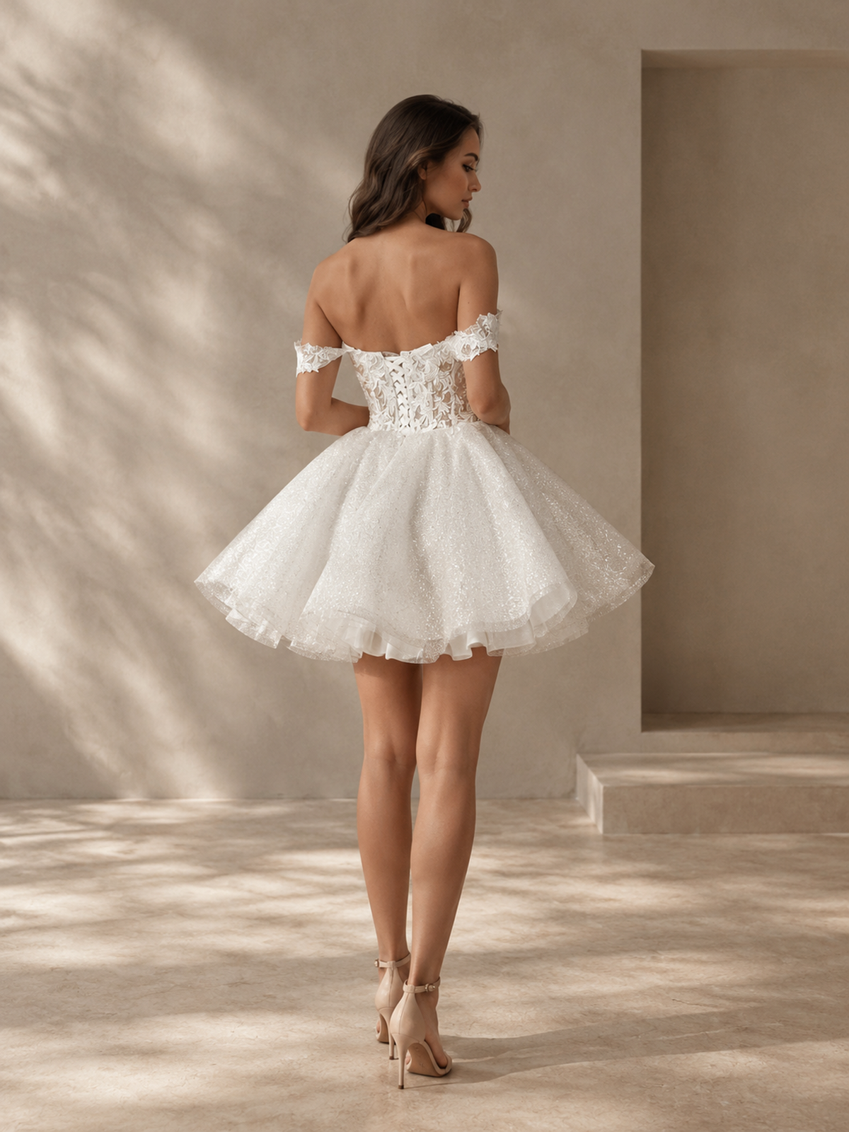 BOLODOO 2-in-1 Off-Shoulder Lace Mini Wedding Dress with Detachable Sophia Overskirt 