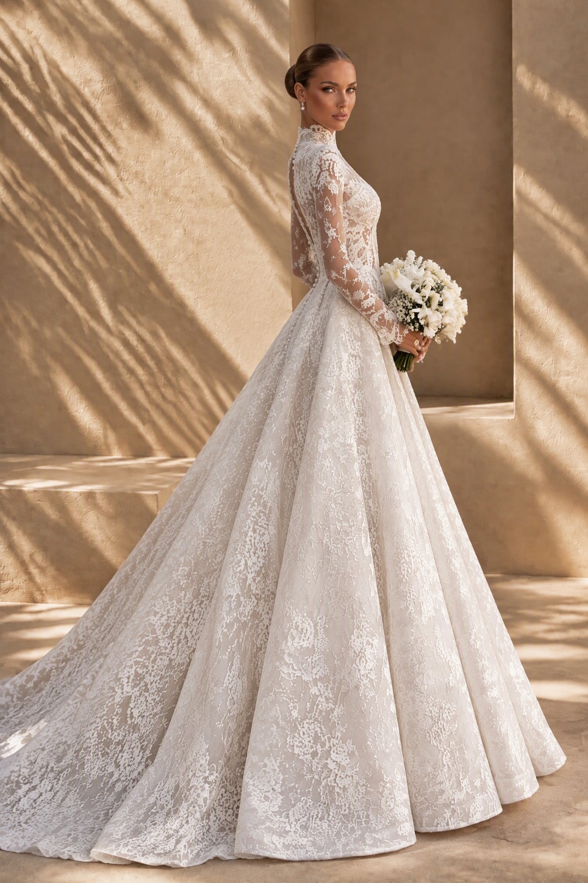 BOLODOO white floral lace wedding dress, side view showing full skirt and bridal train