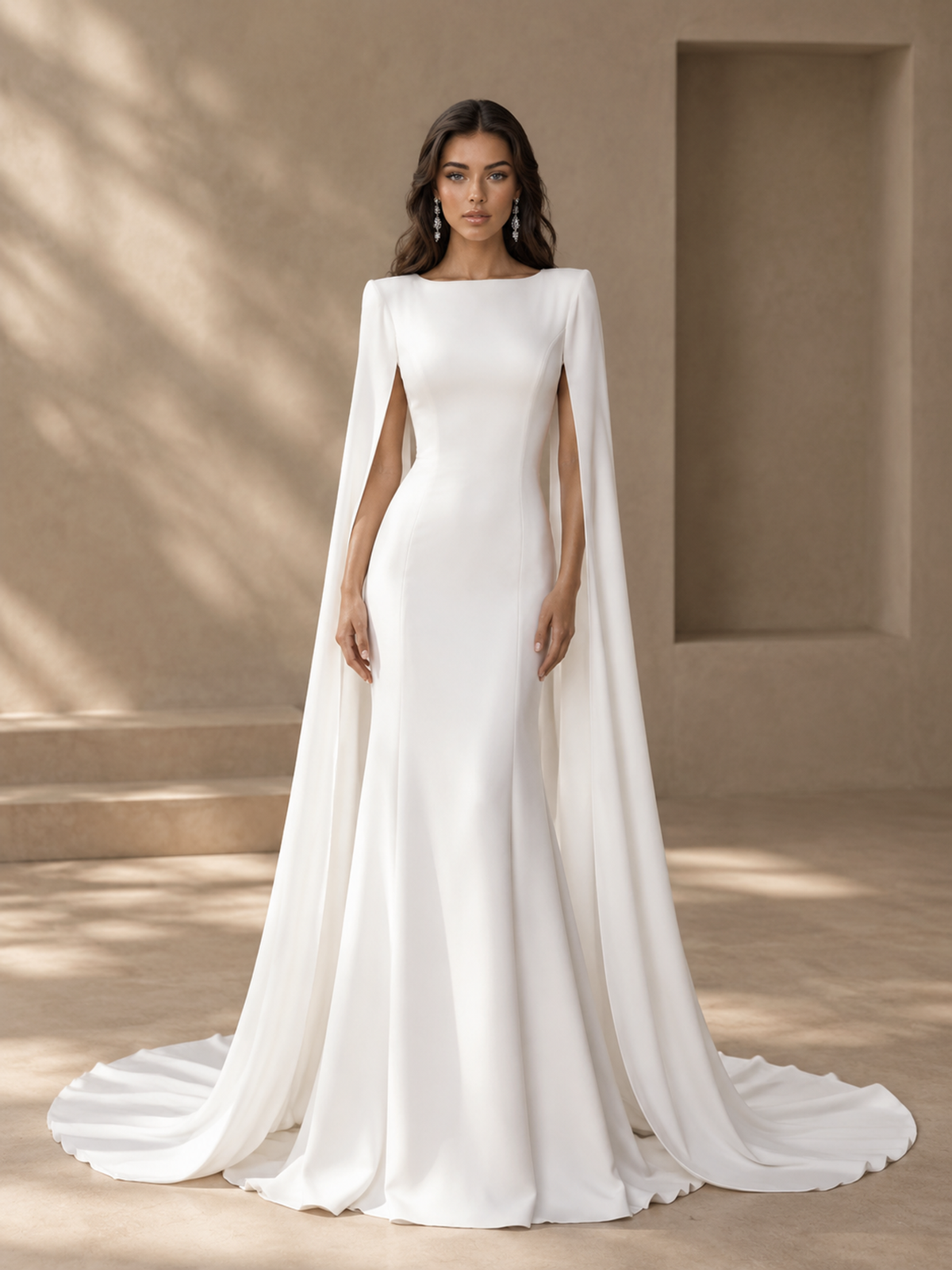 BOLODOO White Cape Sleeve Wedding Dress with Lace-Trim Open Back 
