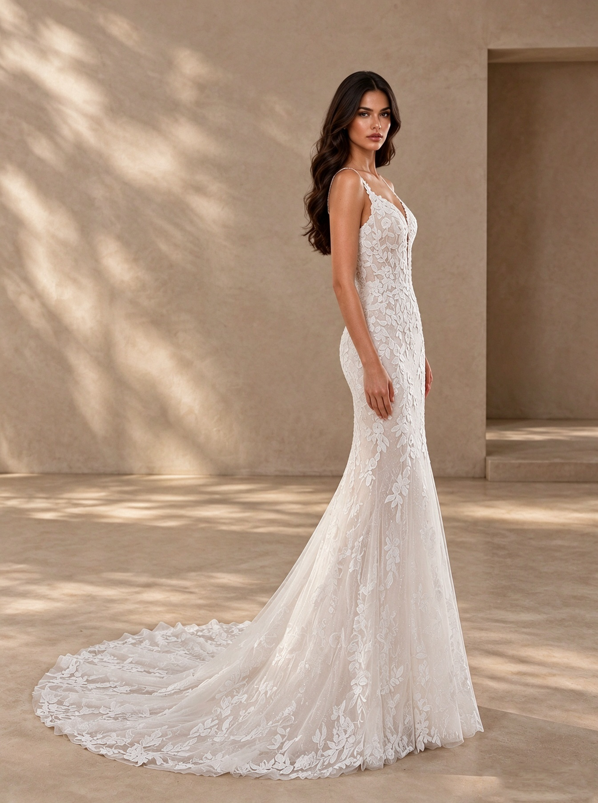 BOLODOO White Floral Lace Mermaid Wedding Dress with Open Back 