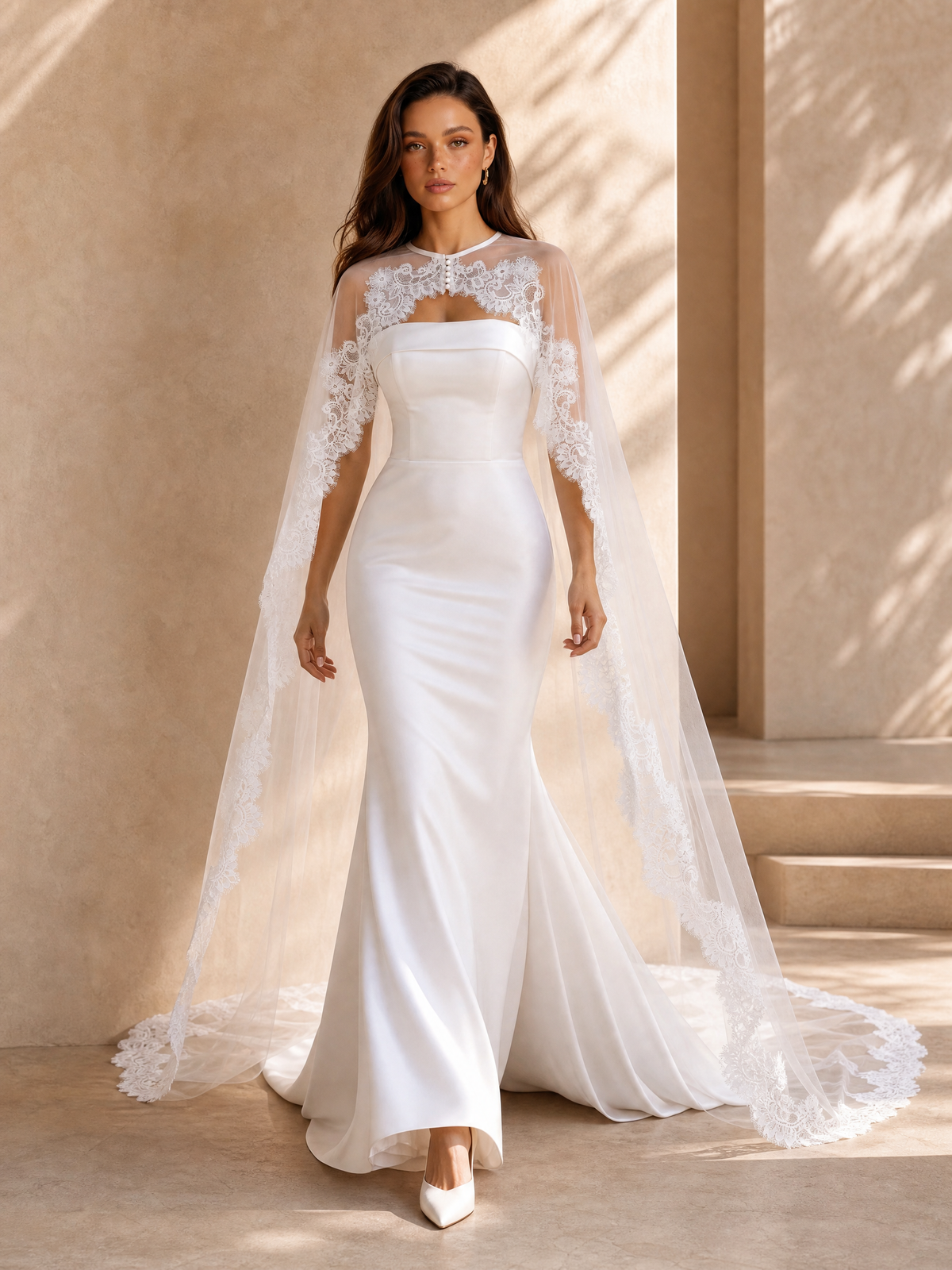 BOLODOO Floral Lace Trim Sheer Bridal Cape Cathedral Length Wedding Cloak 