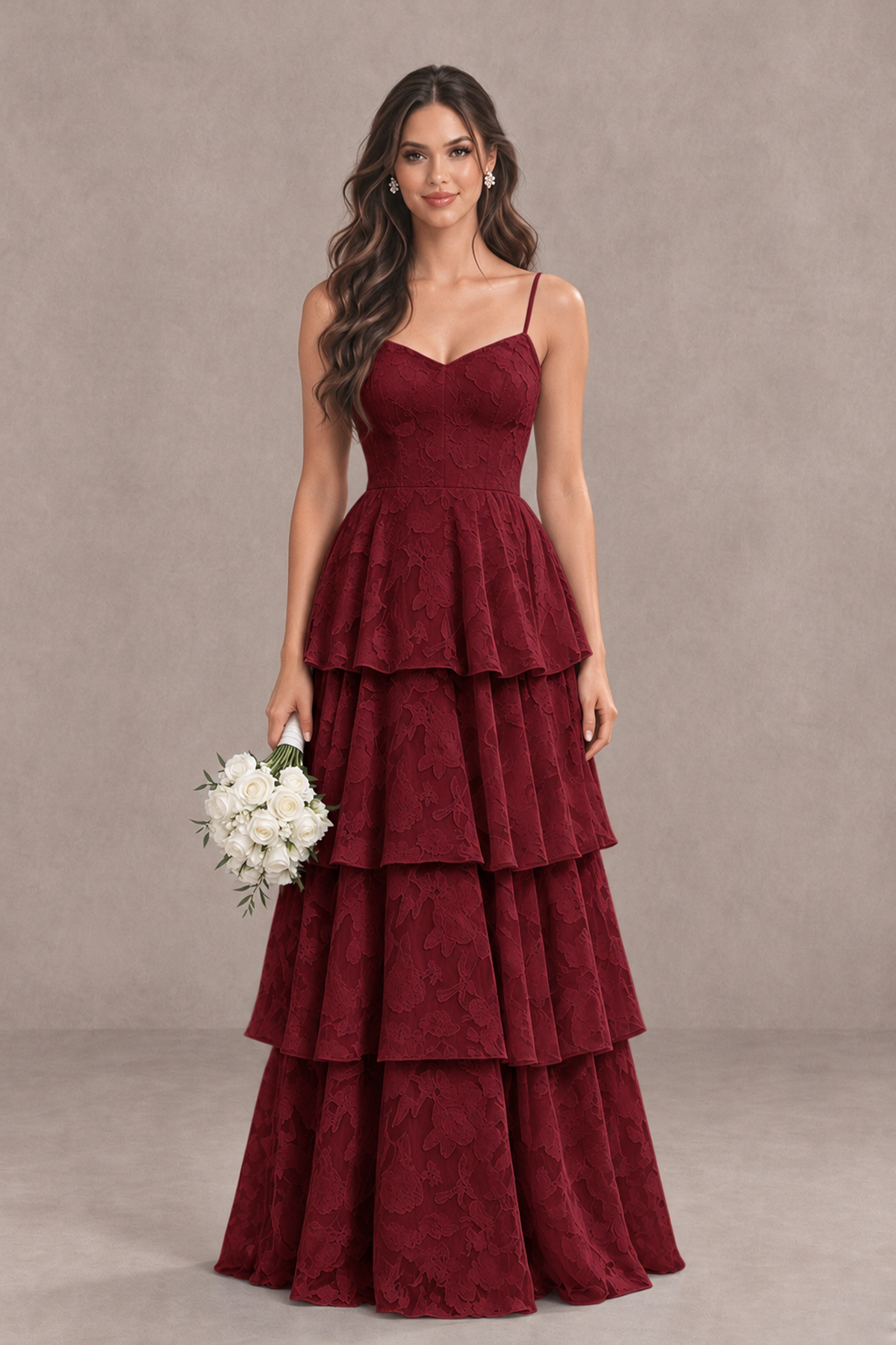 BOLODOO Wine Red Tiered Floral-Textured Spaghetti Strap Maxi Dress - Wine Red - Wine Red_1