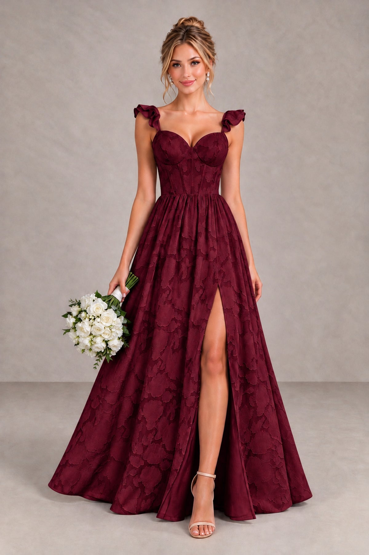 BOLODOO Wine Red Floral A-Line Bridesmaid Dress with Slit Ruffle Straps Maxi Gown - Wine Red - Wine Red_1