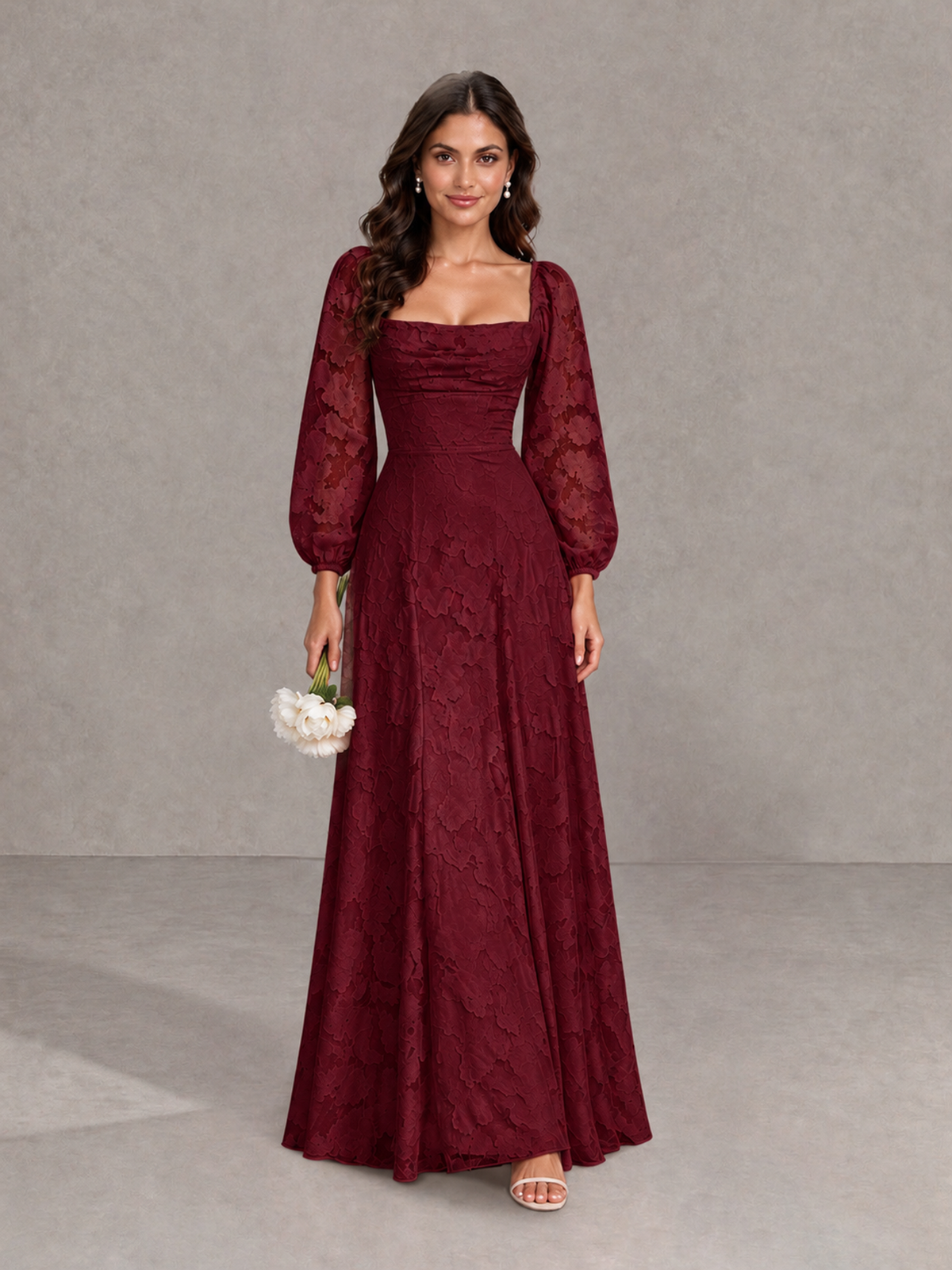 BOLODOO Wine Red Floral Long Sleeve A-Line Bridesmaid Dress - Wine Red - Wine Red_1