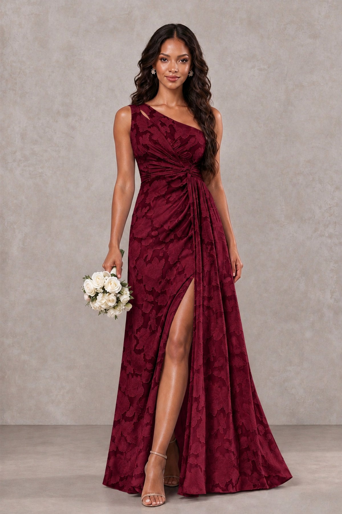 BOLODOO Wine Red One-Shoulder Floral Textured Maxi Dress with High Slit - Wine Red - Wine Red_1