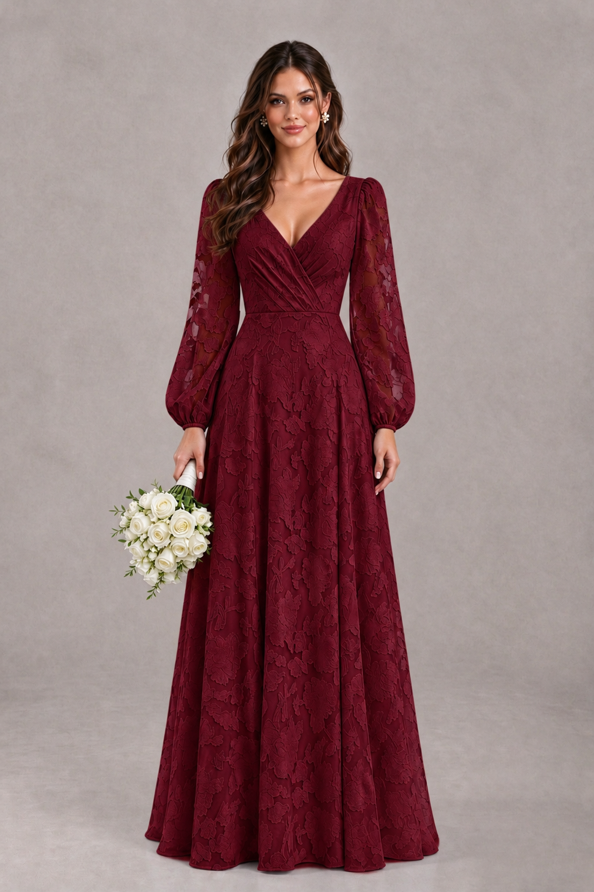BOLODOO Wine Red Long Sleeve V-Neck A-Line Mother of the Bride Dress - Wine Red - Wine Red_1
