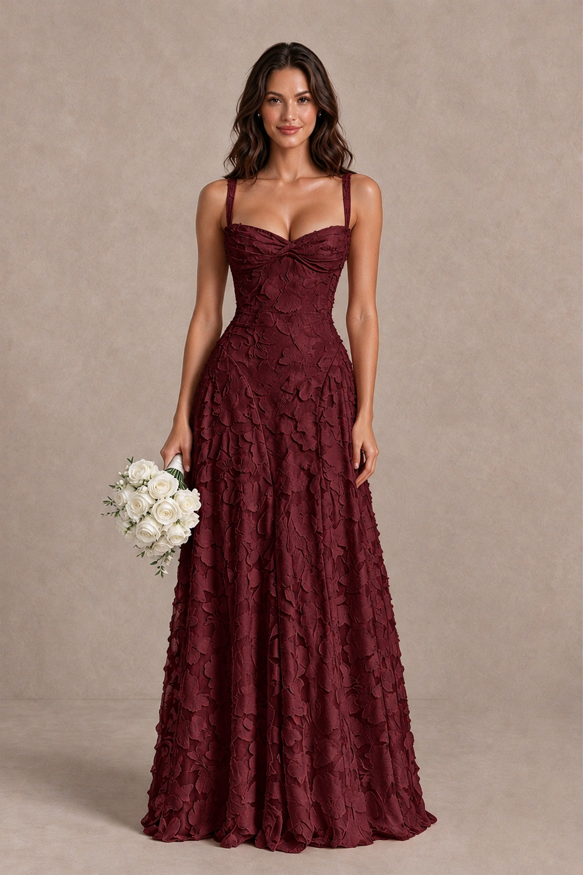 BOLODOO Wine Red Floral-Textured A-Line Dress with Lace-Up Back - Wine Red - Wine Red_1