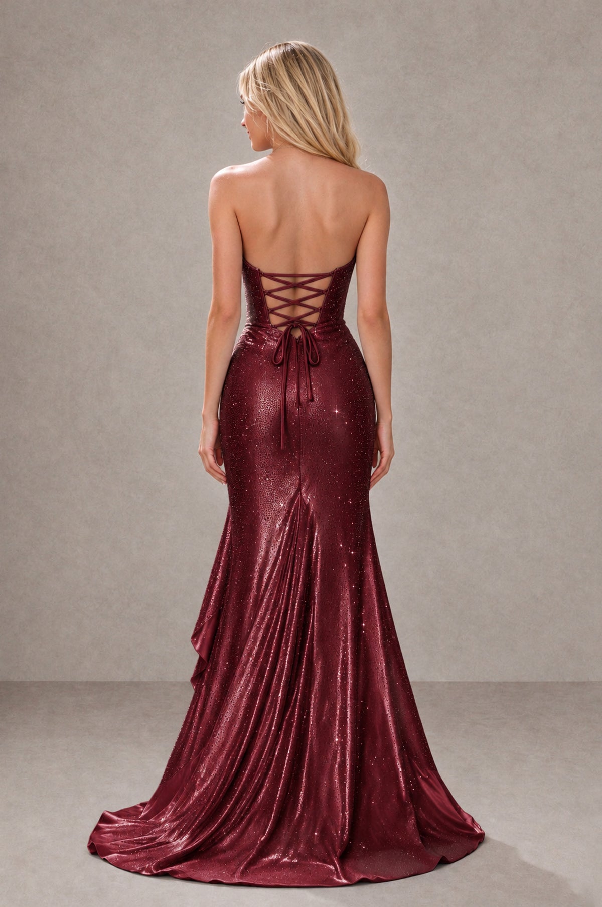 BOLODOO Wine Red Strapless Corset Mermaid Prom Dress with Ruffle Slit - Wine Red - Wine Red_2