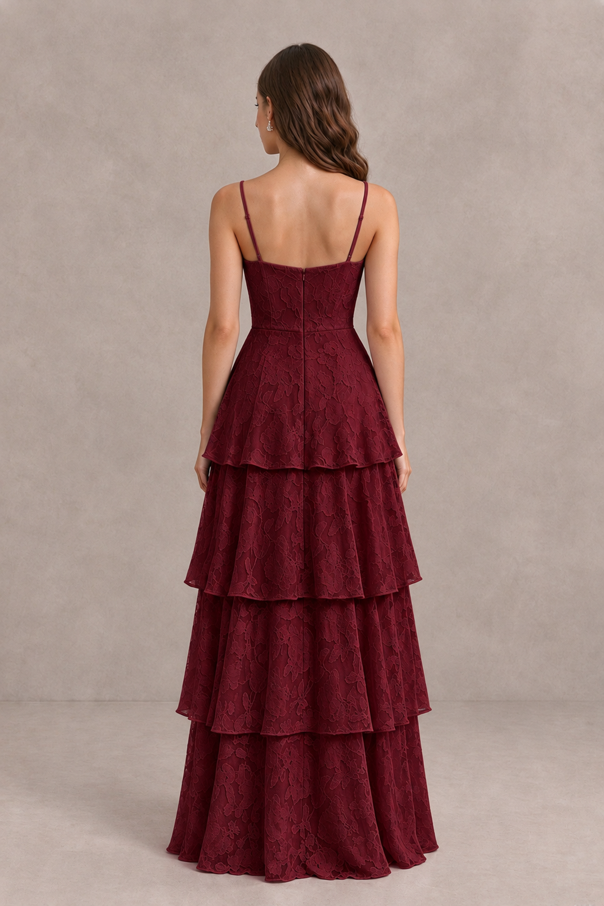 BOLODOO Wine Red Tiered Floral-Textured Spaghetti Strap Maxi Dress - Wine Red - Wine Red_2