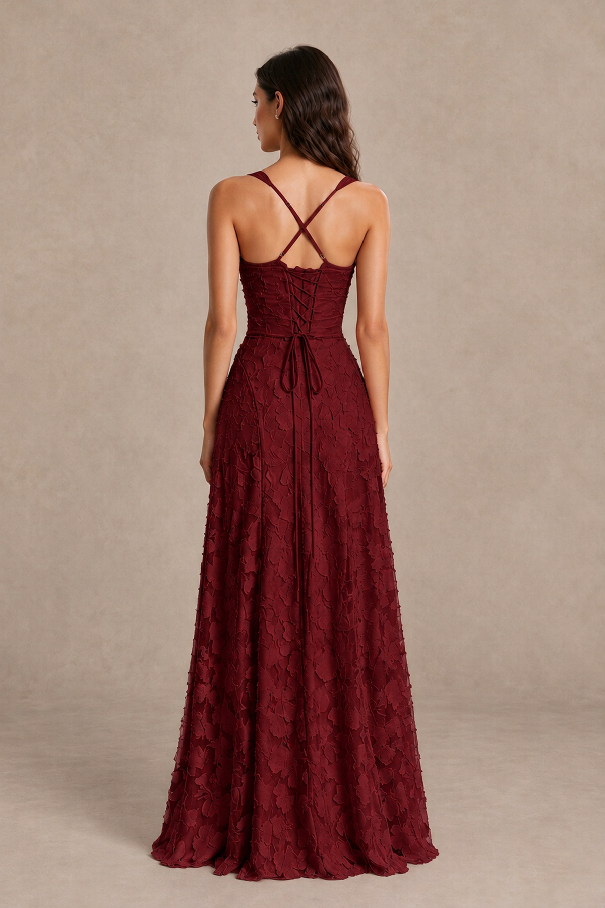 BOLODOO Wine Red Floral-Textured A-Line Dress with Lace-Up Back - Wine Red - Wine Red_2