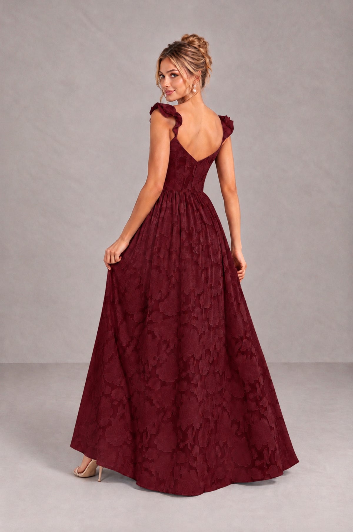 BOLODOO Wine Red Floral A-Line Bridesmaid Dress with Slit Ruffle Straps Maxi Gown - Wine Red - Wine Red_2