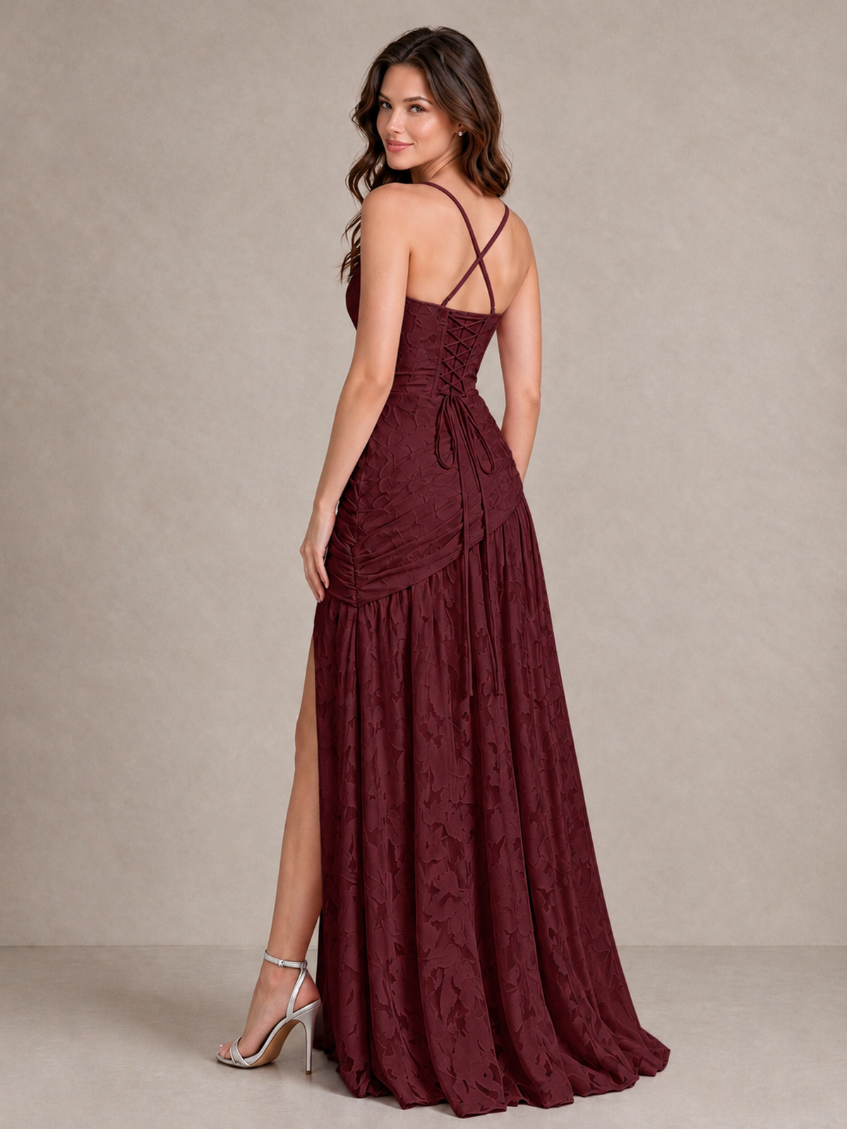 BOLODOO Wine Red Floral Jacquard Bridesmaid Dress with Square Neck, Lace-Up Back & High Slit - Wine Red - Wine Red_2