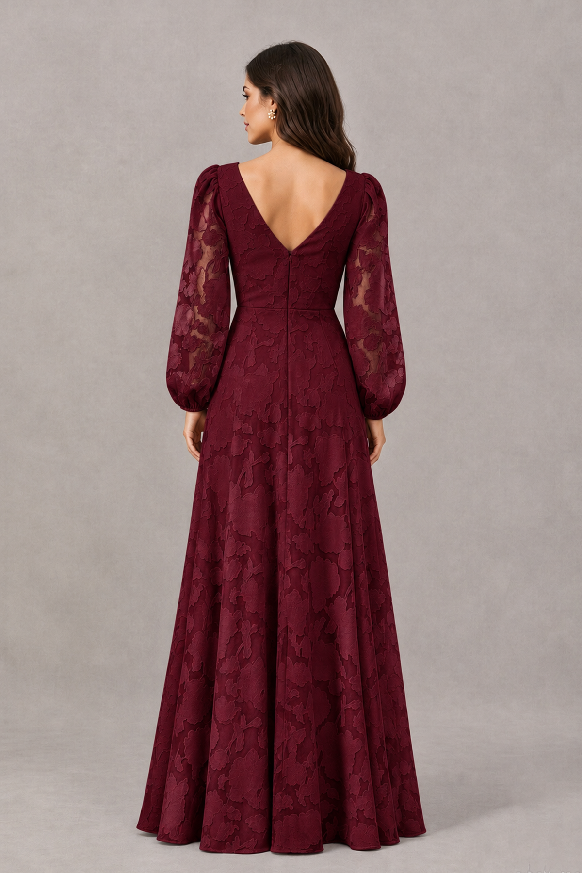 BOLODOO Wine Red Long Sleeve V-Neck A-Line Mother of the Bride Dress - Wine Red - Wine Red_2