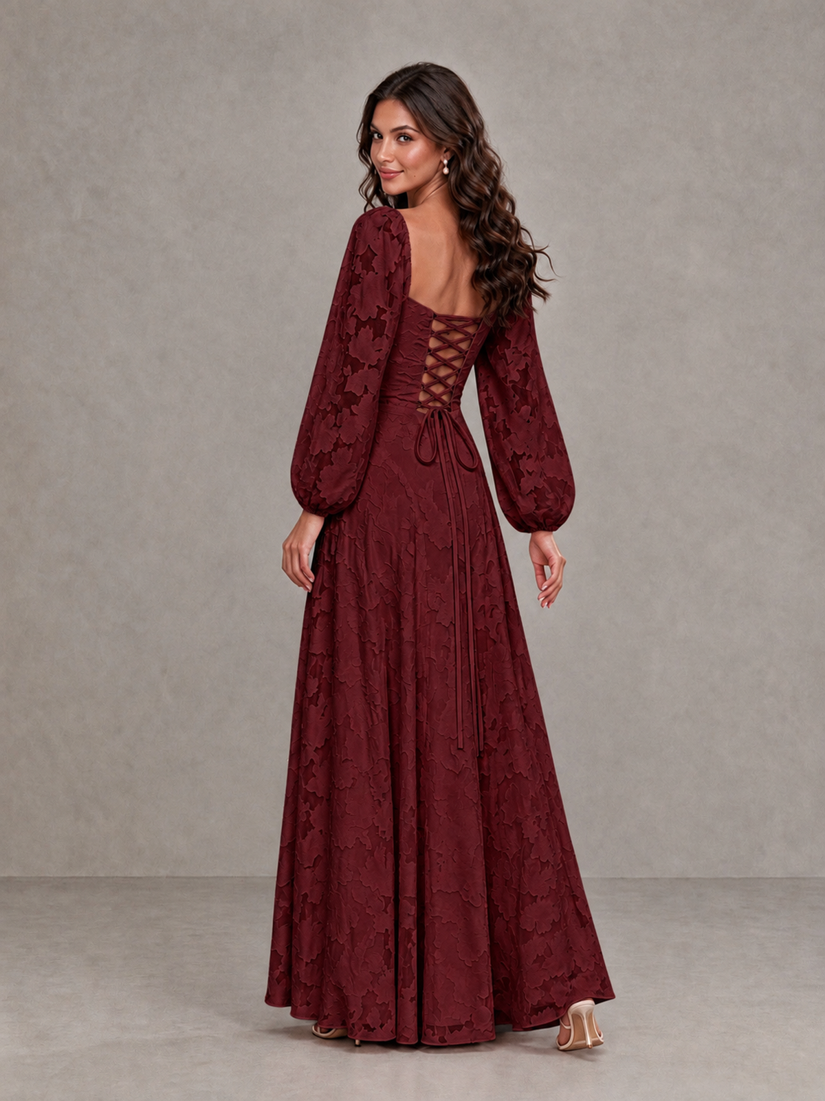 BOLODOO Wine Red Floral Long Sleeve A-Line Bridesmaid Dress - Wine Red - Wine Red_2