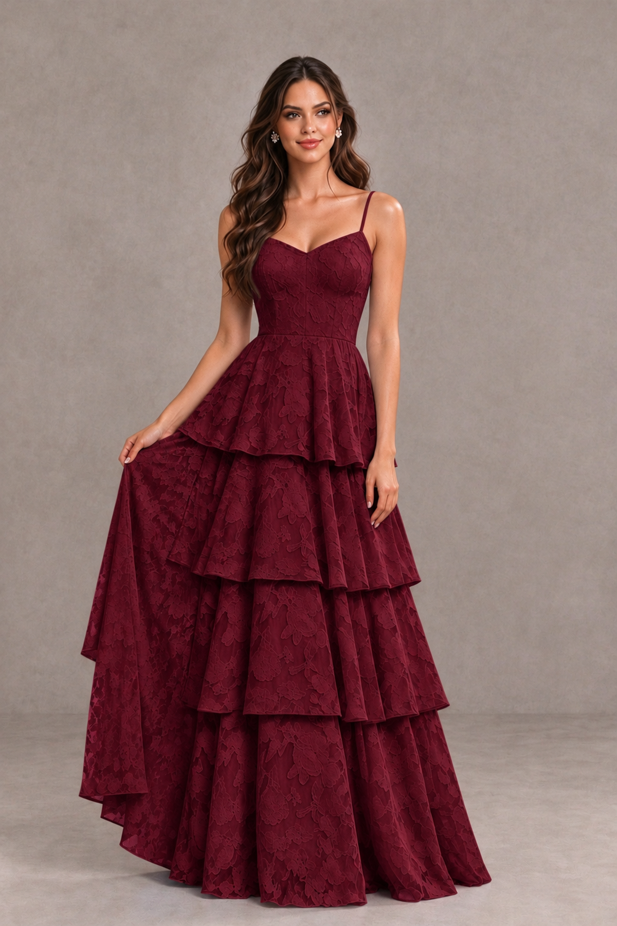 BOLODOO Wine Red Tiered Floral-Textured Spaghetti Strap Maxi Dress - Wine Red - Wine Red_3