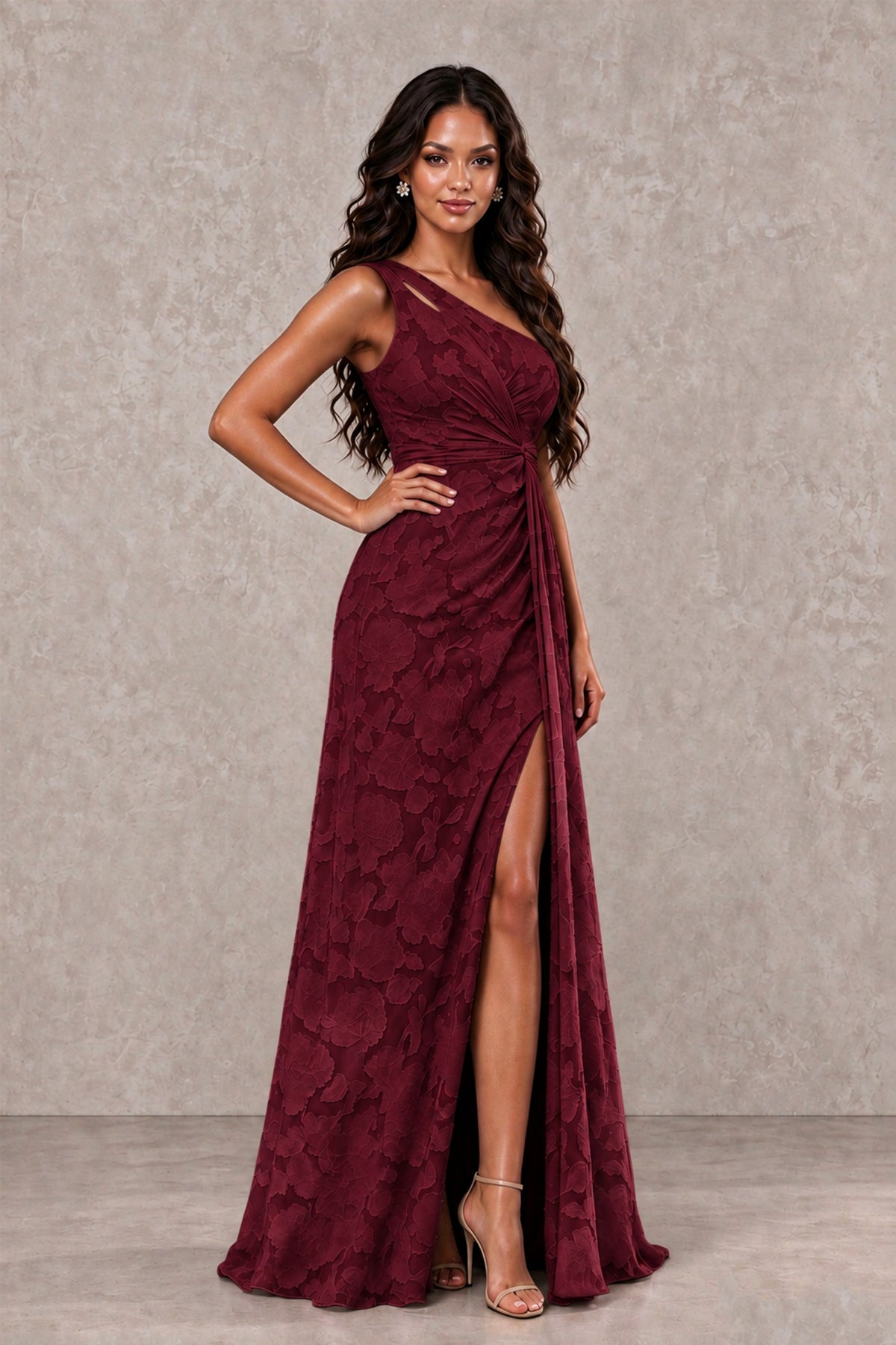 BOLODOO Wine Red One-Shoulder Floral Textured Maxi Dress with High Slit - Wine Red - Wine Red_3