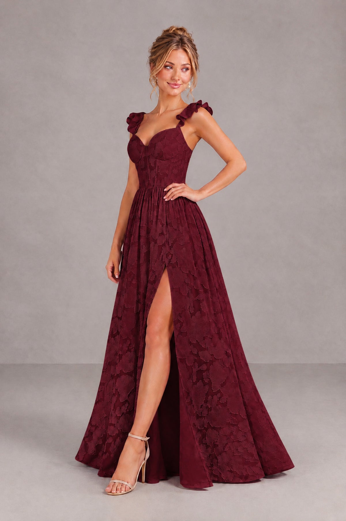 BOLODOO Wine Red Floral A-Line Bridesmaid Dress with Slit Ruffle Straps Maxi Gown - Wine Red - Wine Red_3