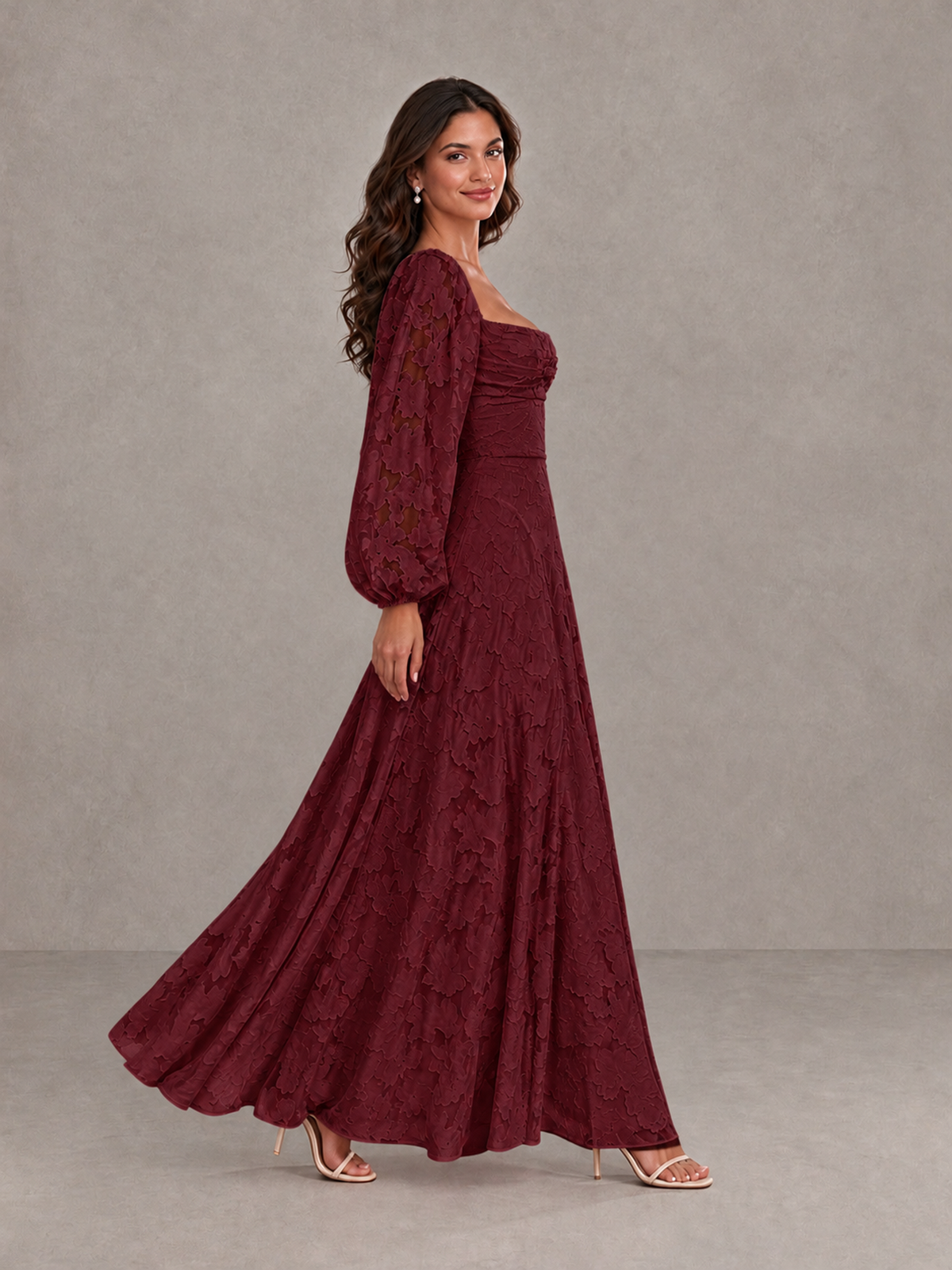 BOLODOO Wine Red Floral Long Sleeve A-Line Bridesmaid Dress - Wine Red - Wine Red_3