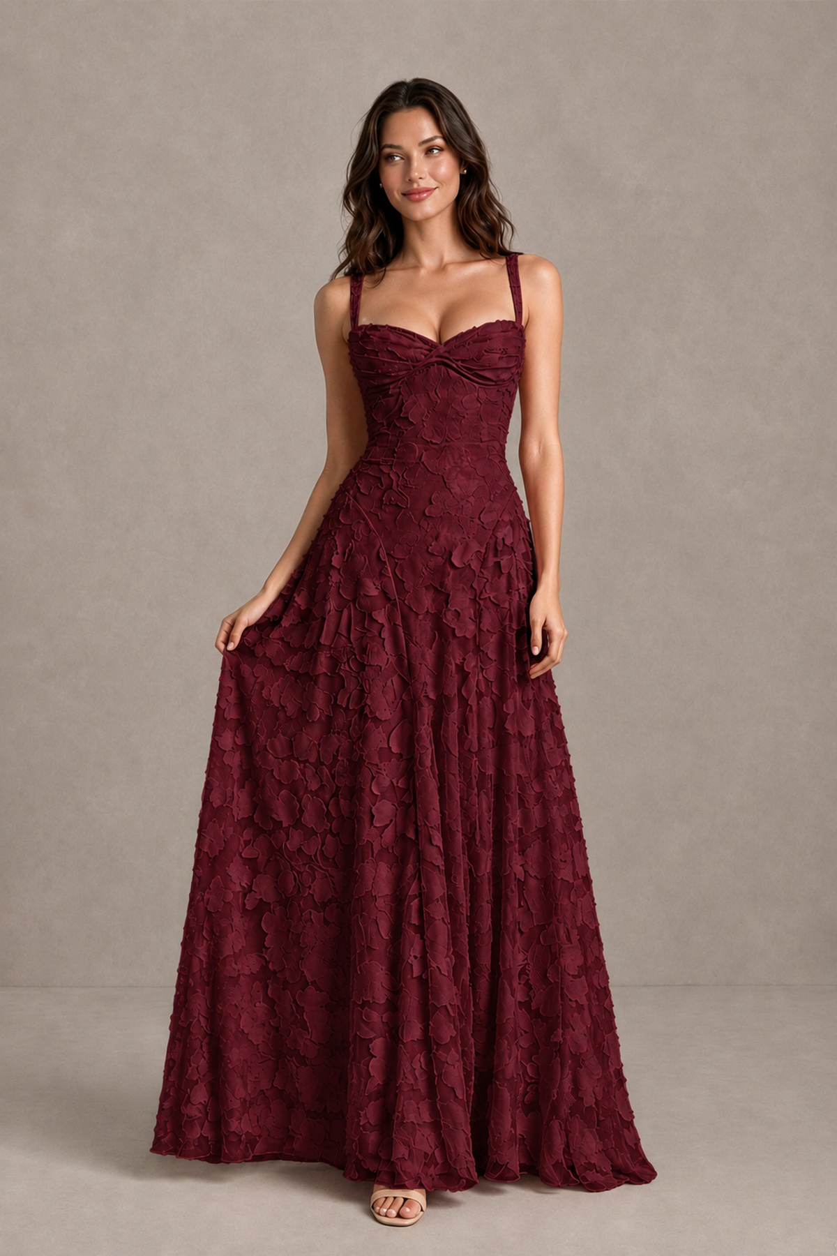 BOLODOO Wine Red Floral-Textured A-Line Dress with Lace-Up Back - Wine Red - Wine Red_3