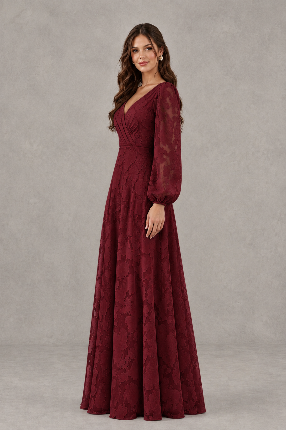 BOLODOO Wine Red Long Sleeve V-Neck A-Line Mother of the Bride Dress - Wine Red - Wine Red_3