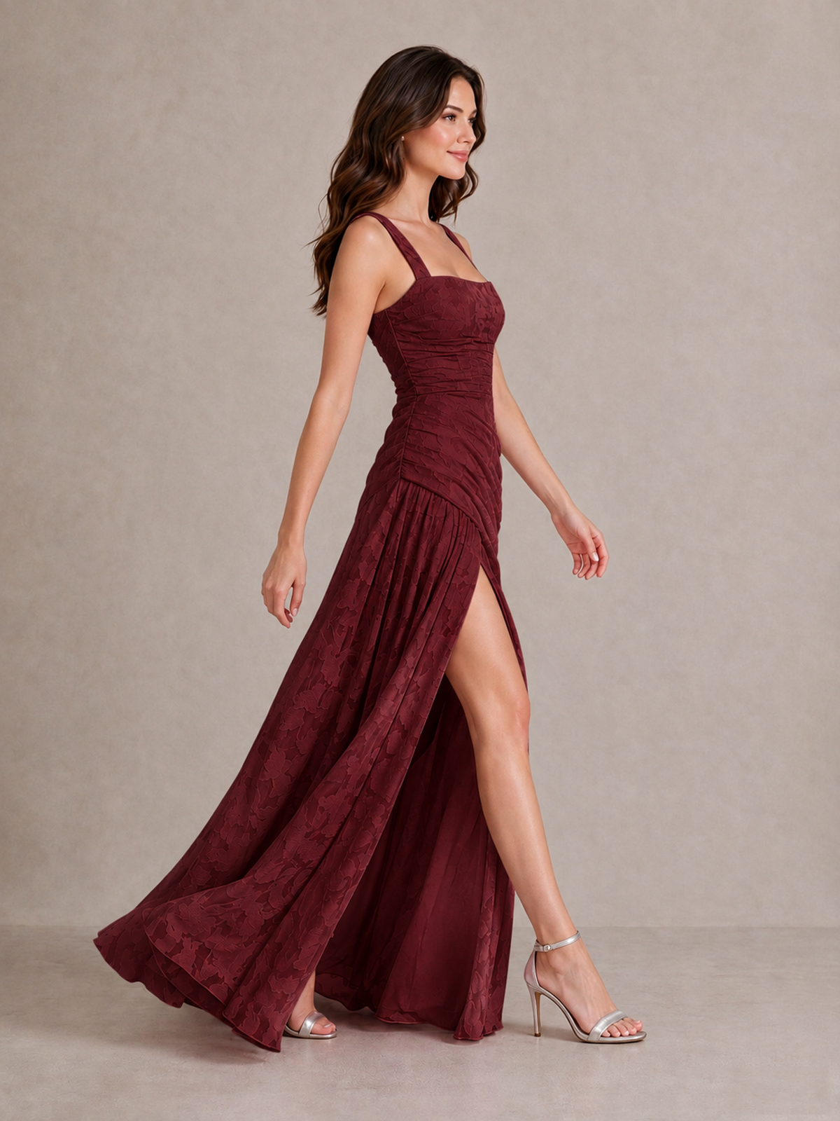 BOLODOO Wine Red Floral Jacquard Bridesmaid Dress with Square Neck, Lace-Up Back & High Slit - Wine Red - Wine Red_3